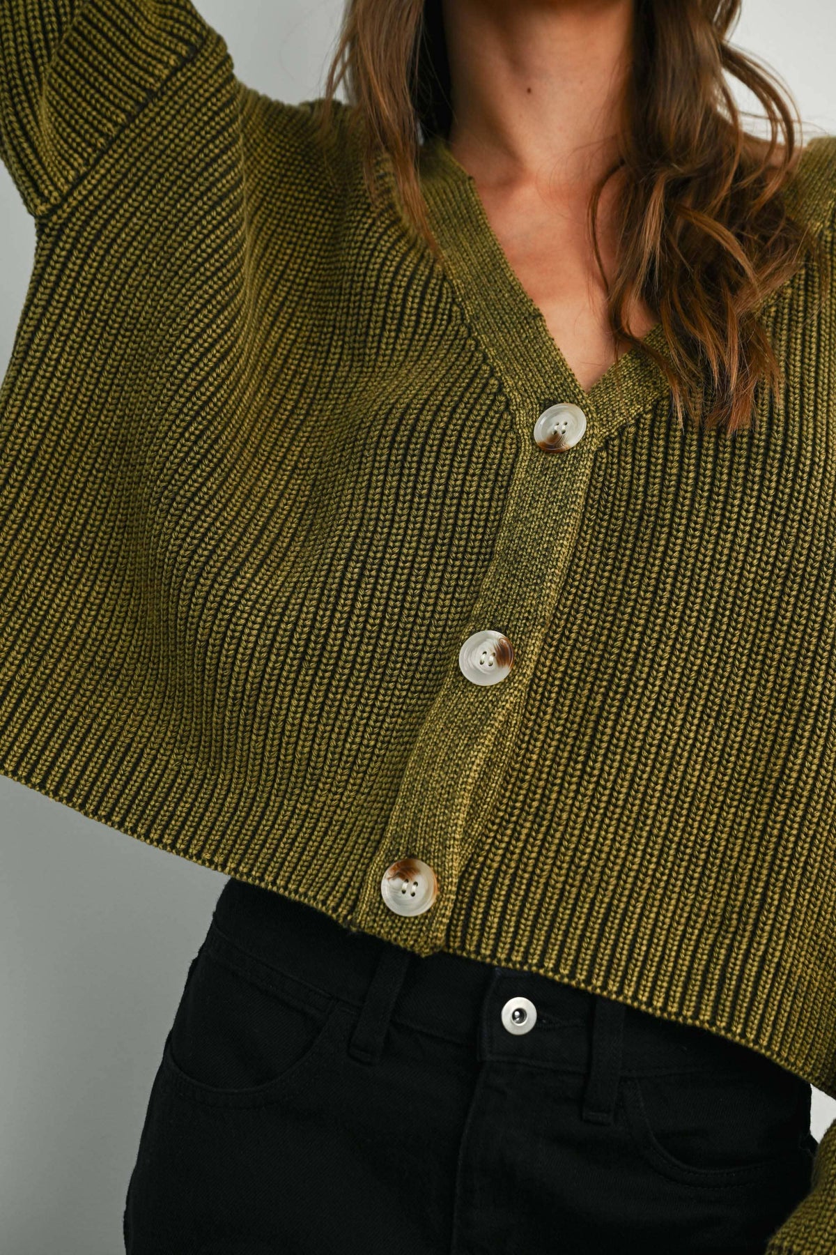 BUTTERMELON - V-Neck Buttoned Ribbed Long Sleeve Cardigan Sweater - BMC7773