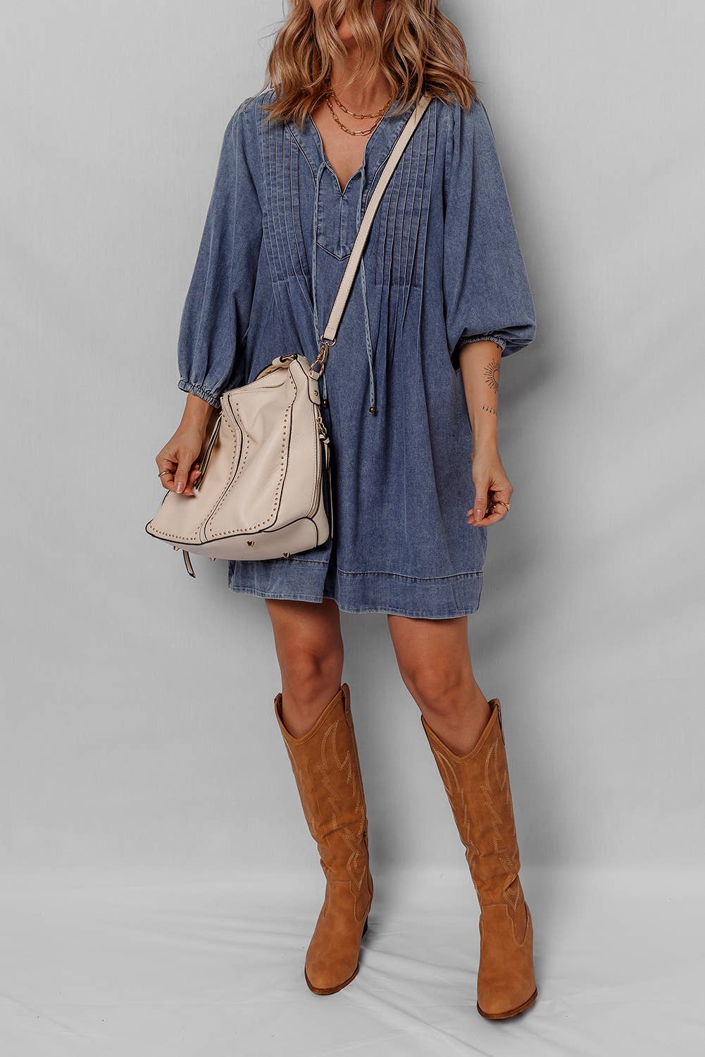 Little Daisy Closet - LDC 3/4 Sleeve Tied V Neck Pleated Denim Mini Dress