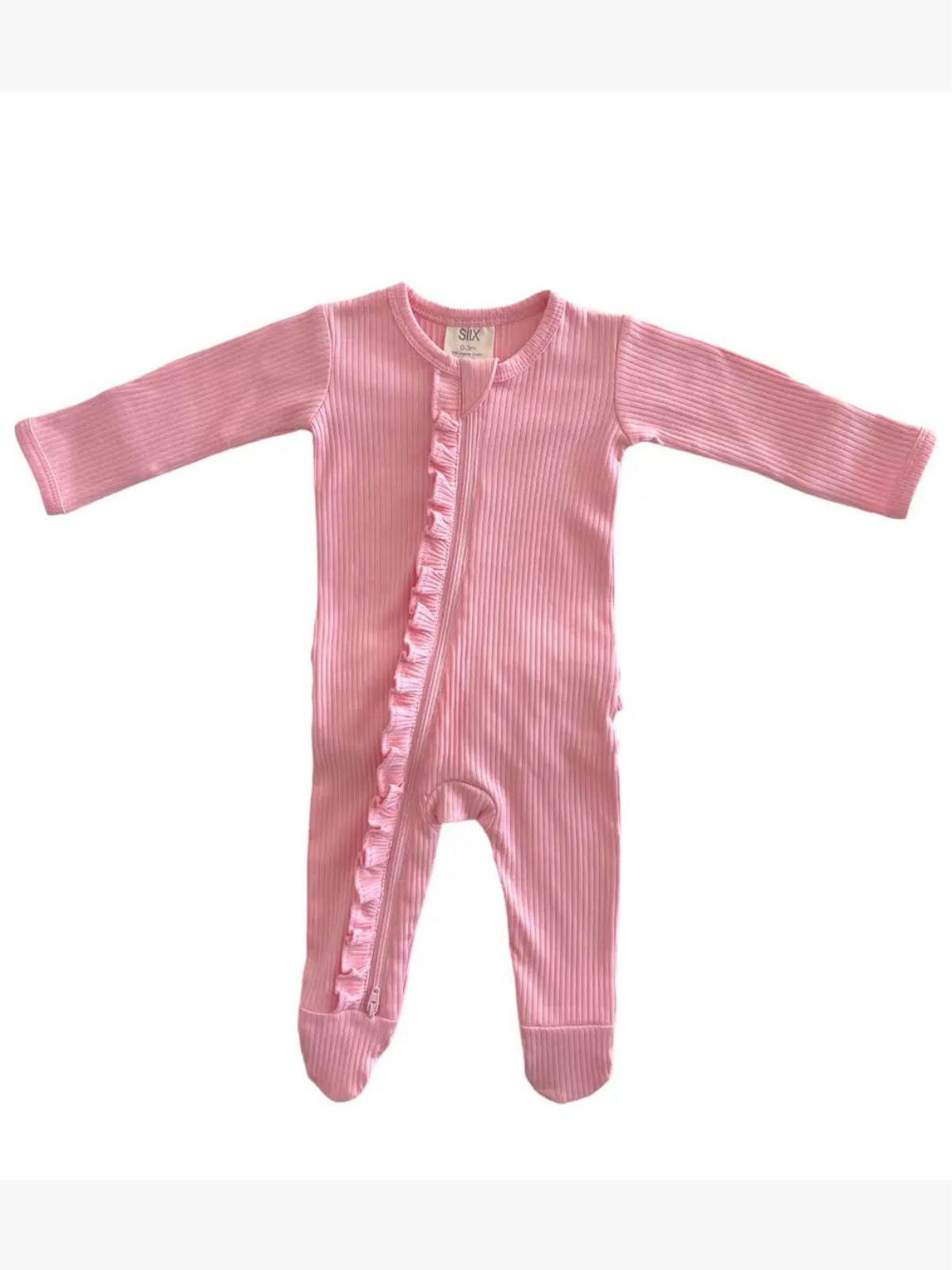 SIIX Collection - Pink / Organic Ribbed Frill Zip Footie (Baby - Kids)