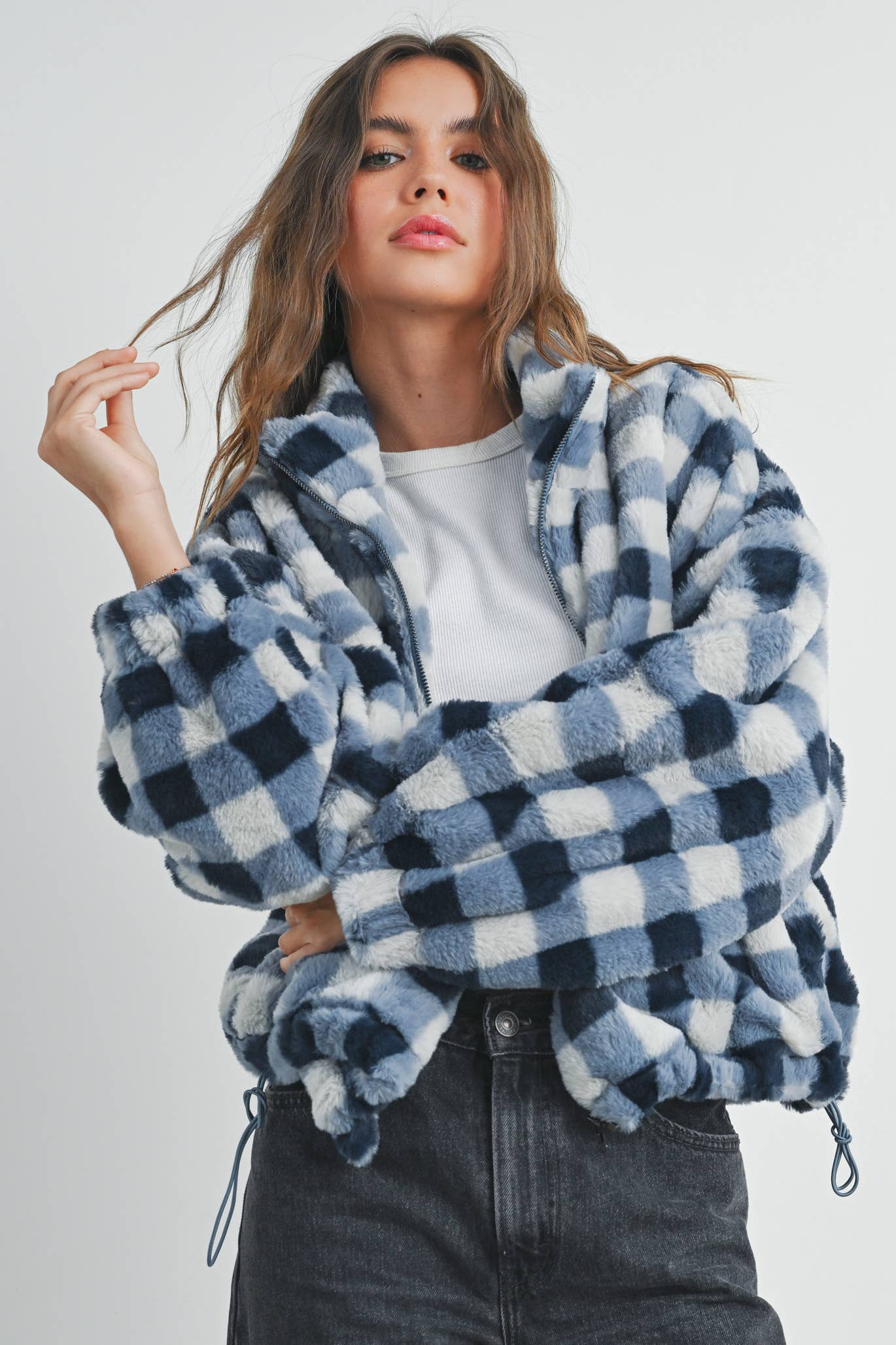 BUTTERMELON - Fall Drop Shoulder Plaid Fall Jacket - BMJ7504