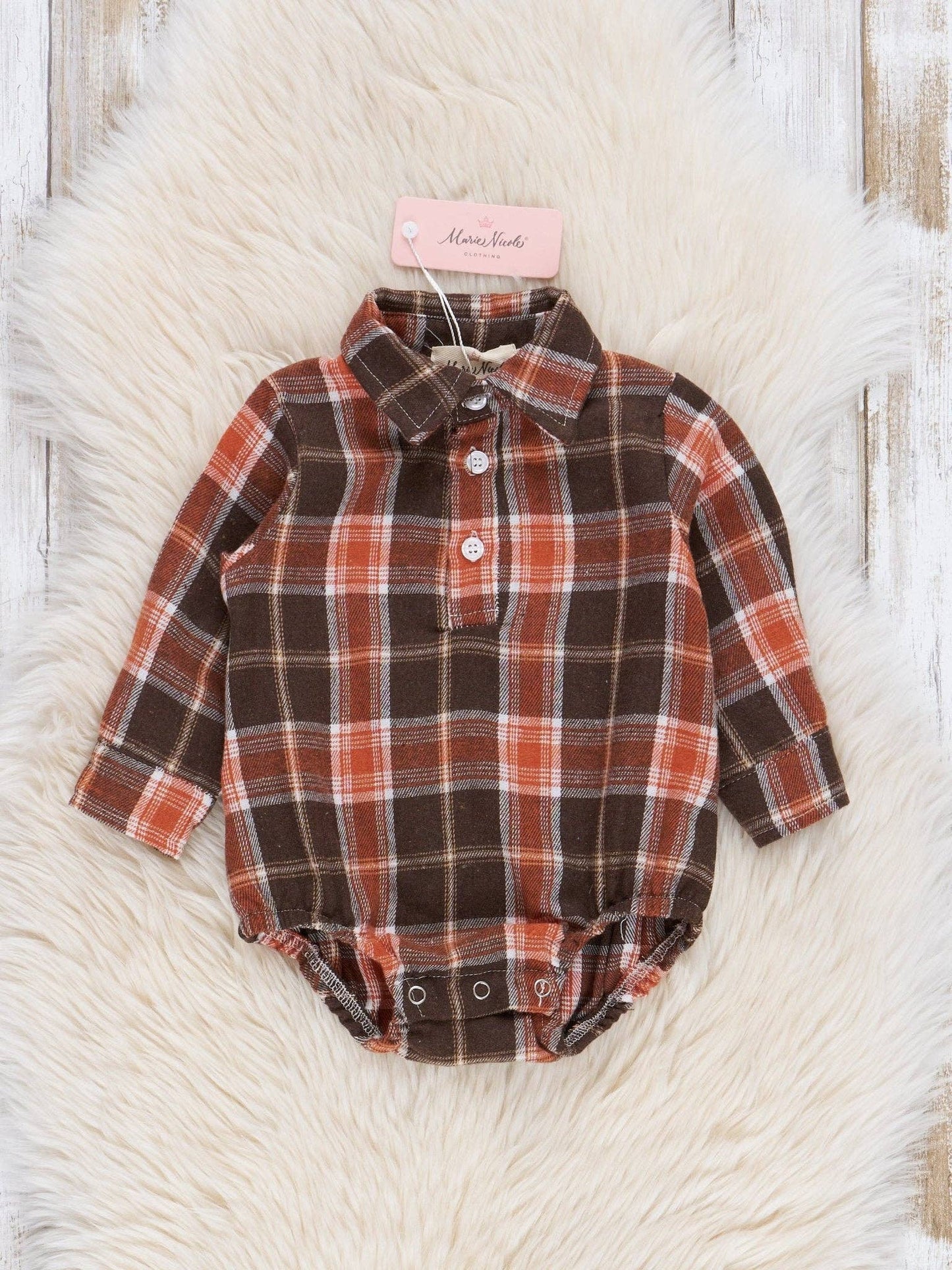 Marie Nicole Clothing - Brown & Orange Flannel Button-Up Bubble Romper