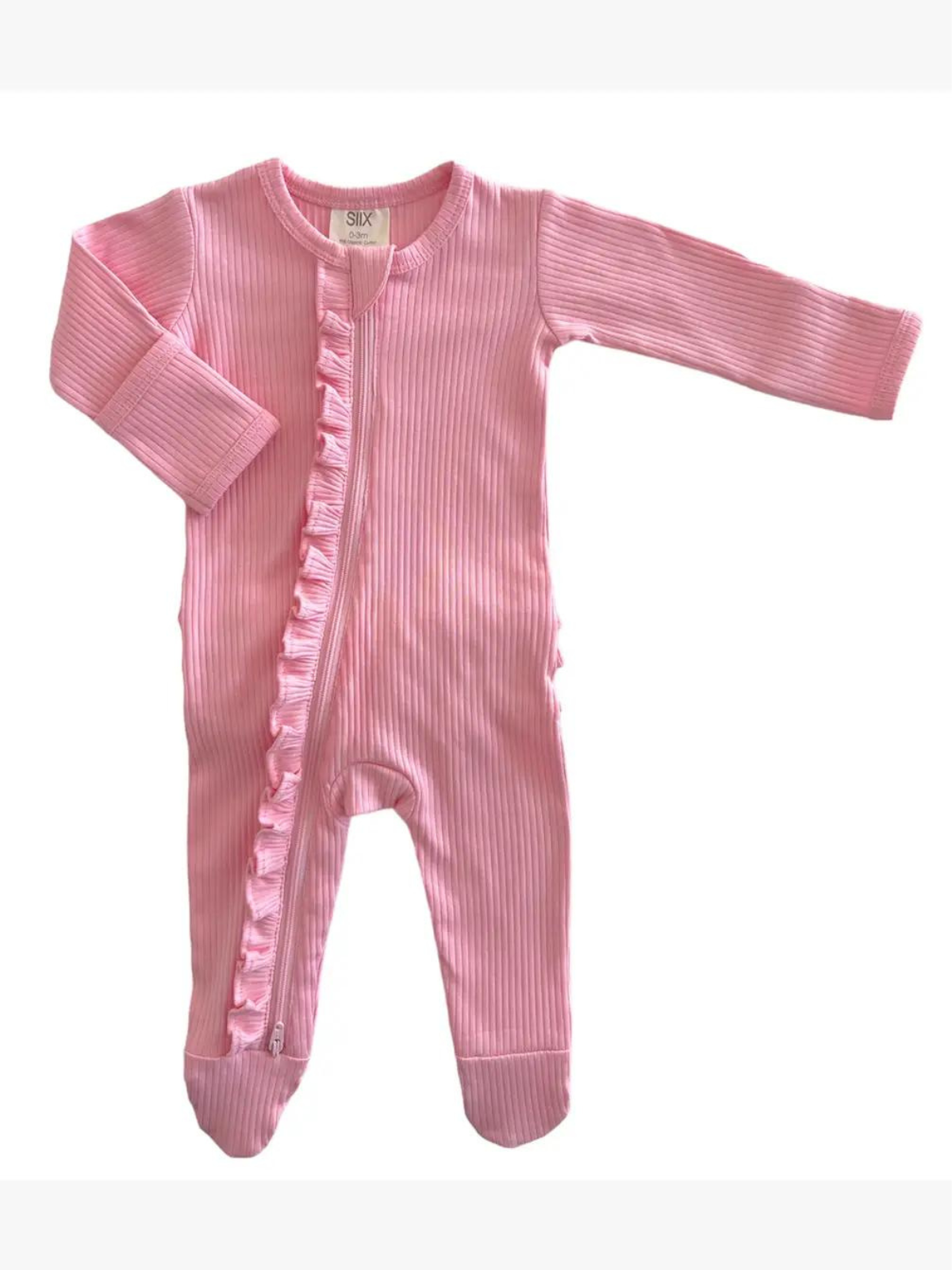 SIIX Collection - Pink / Organic Ribbed Frill Zip Footie (Baby - Kids)