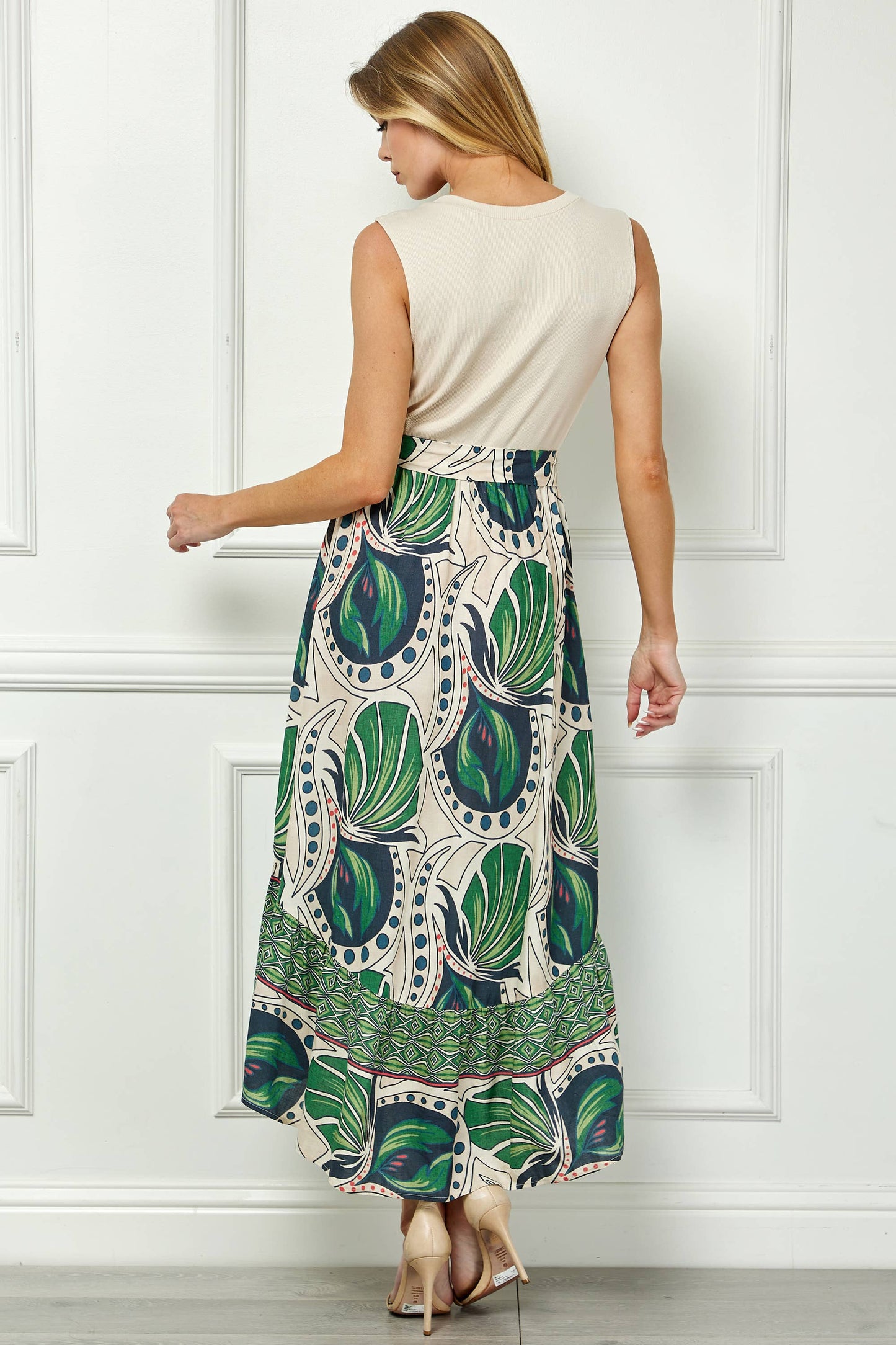 Winslow Collection - TROPIC TALES BELTED FAUX WRAP PRINTED DRESS WITH RUFFLE HEM