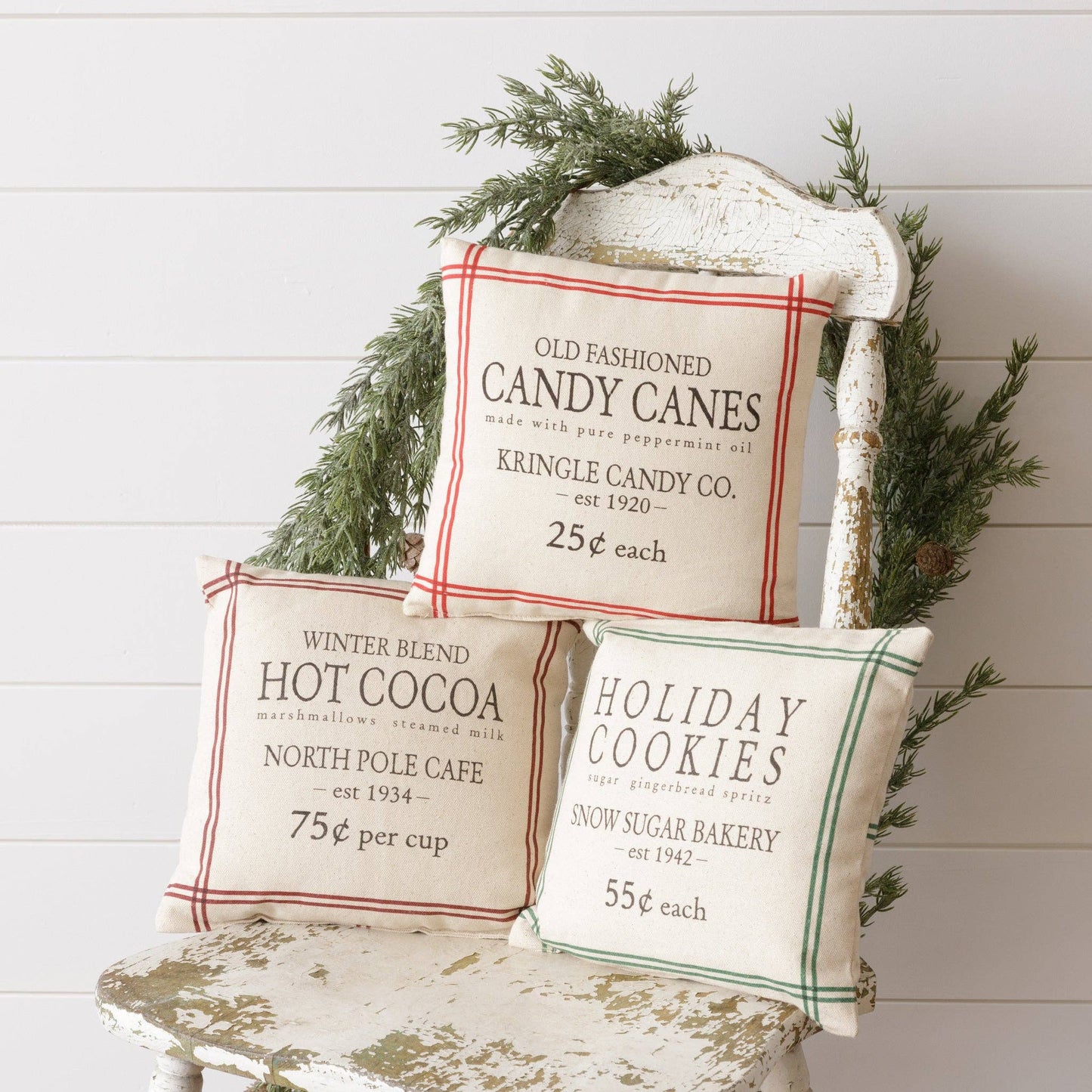 Audrey's Home & Gift - Grain Sack Pillows - Hot Cocoa, Candy Canes, Cookies