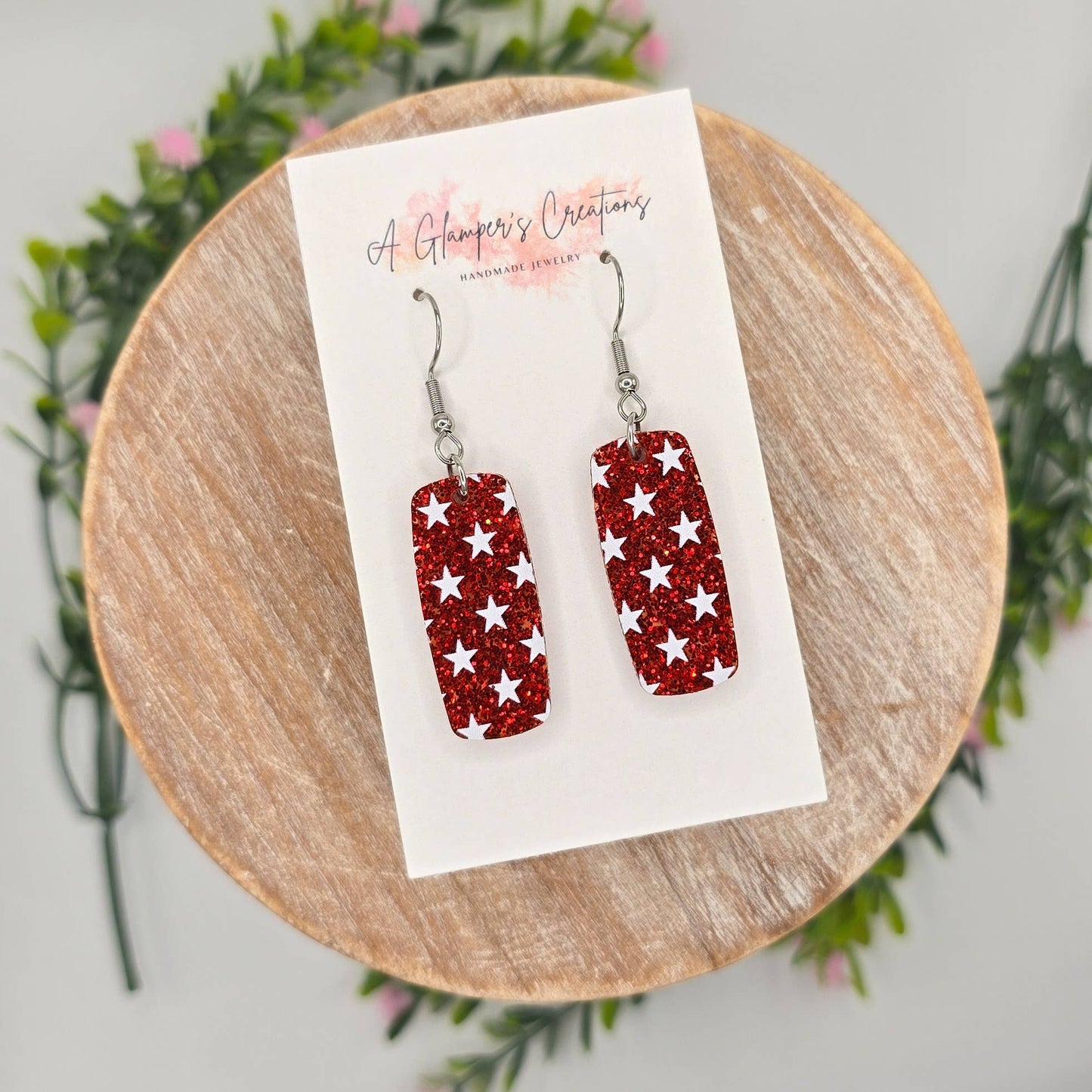 A Glamper's Creations LLC - Patriotic White Stars Red Glitter Acrylic Mini Bar Earrings