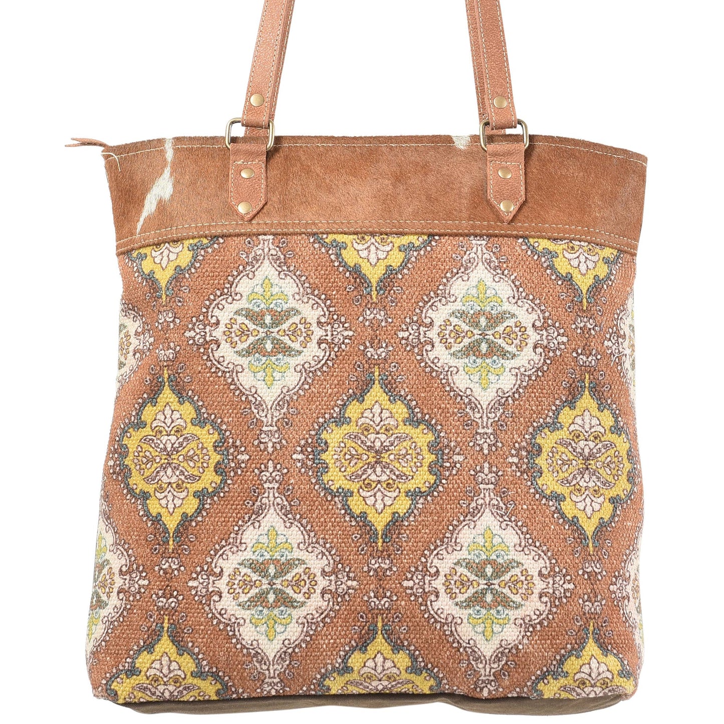 Clea Ray Canvas Bags & Clothing - Brown and Yellow Rug Tote with Fur