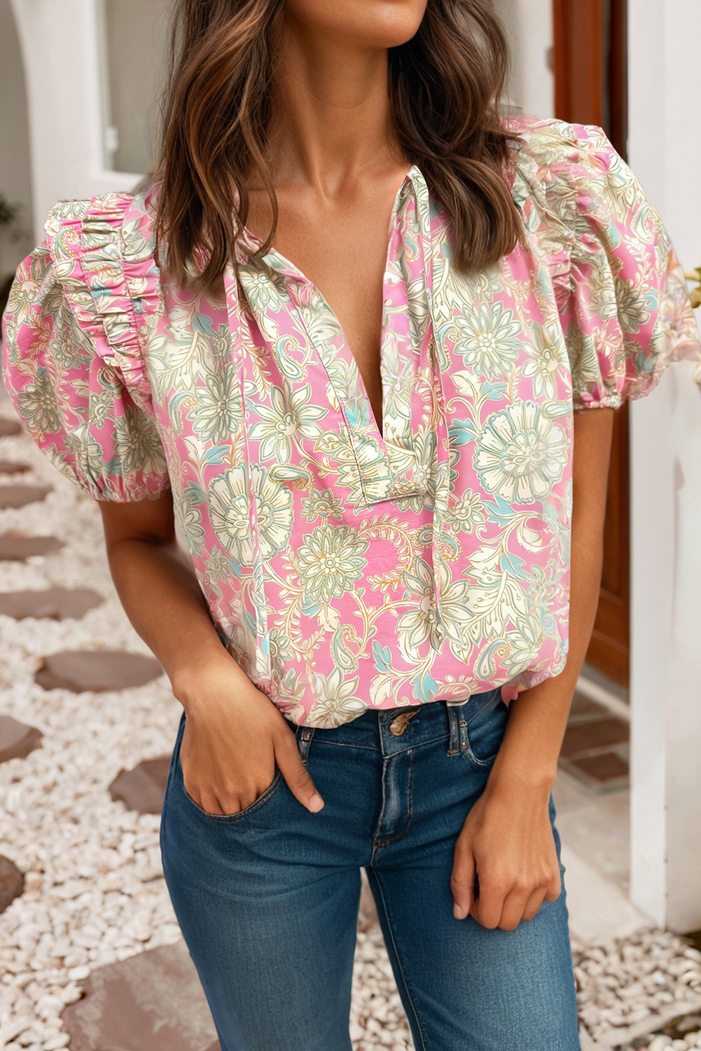 Little Daisy Closet - LDC Tie V Neck Floral Short Puff Sleeve Blouse