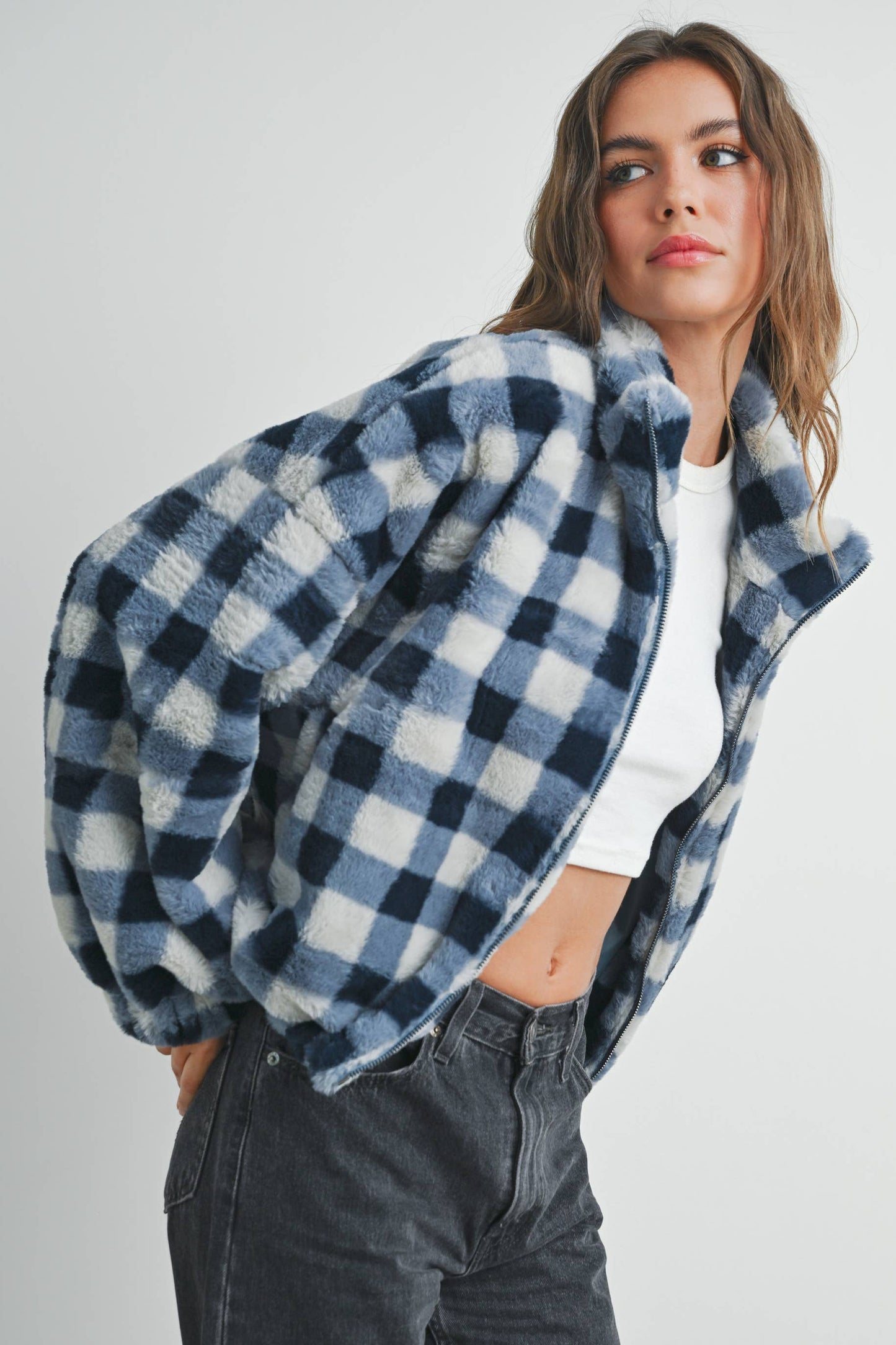 BUTTERMELON - Fall Drop Shoulder Plaid Fall Jacket - BMJ7504