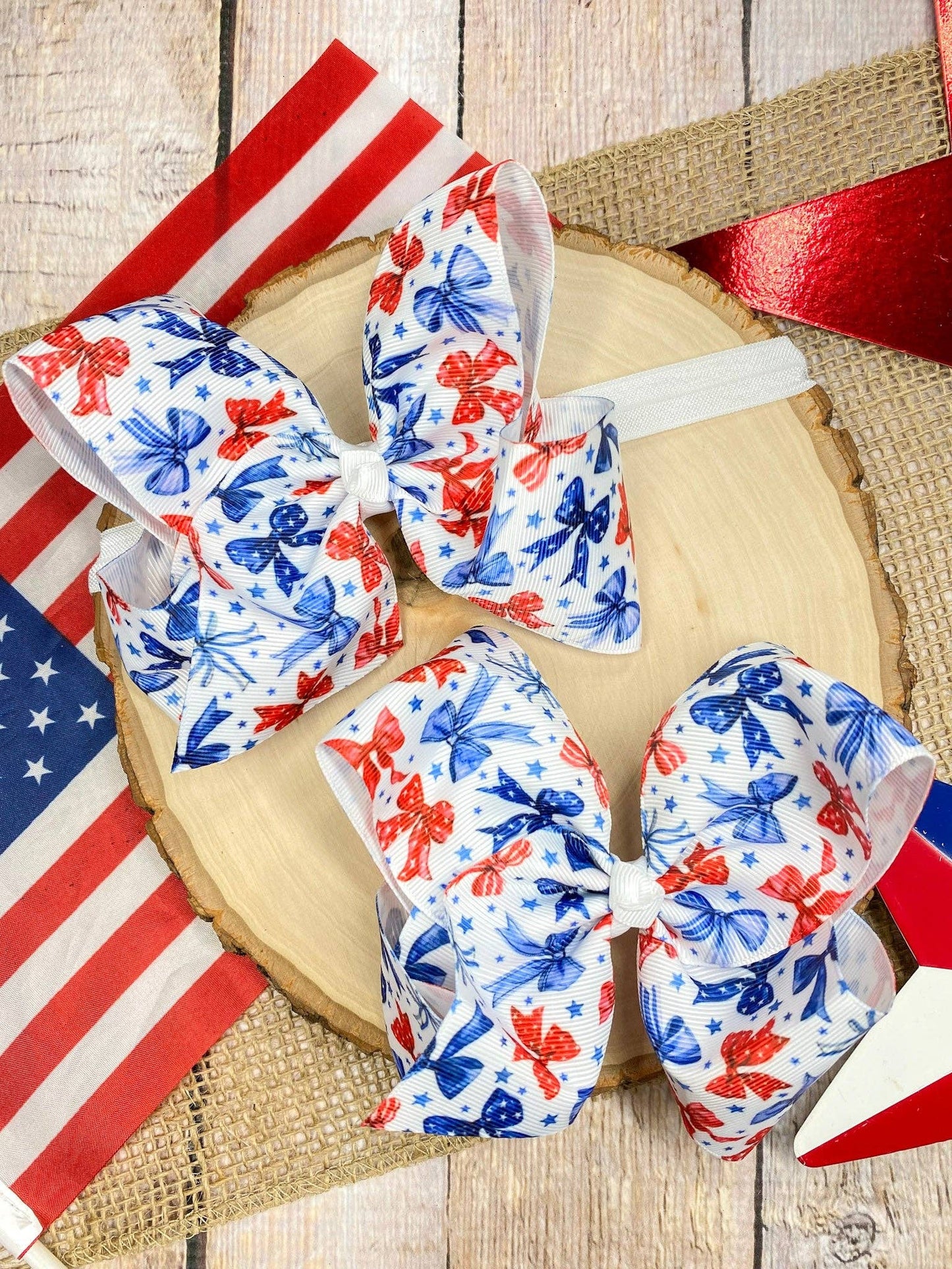 The Hair Bow Company - Red White & Blue Bow Print Classic Hair Bow | Clip or Headband