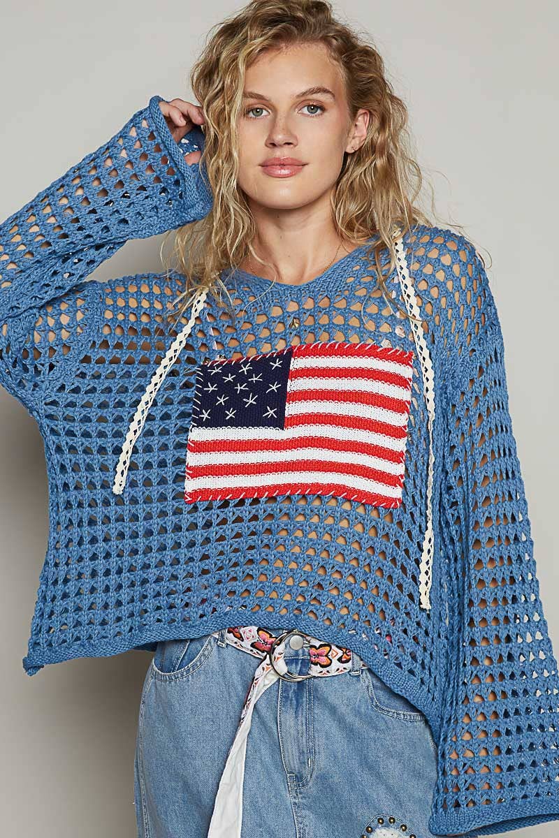 Pol Clothing - Long sleeve American Flag Hoodie Thin Sweater Top SALE
