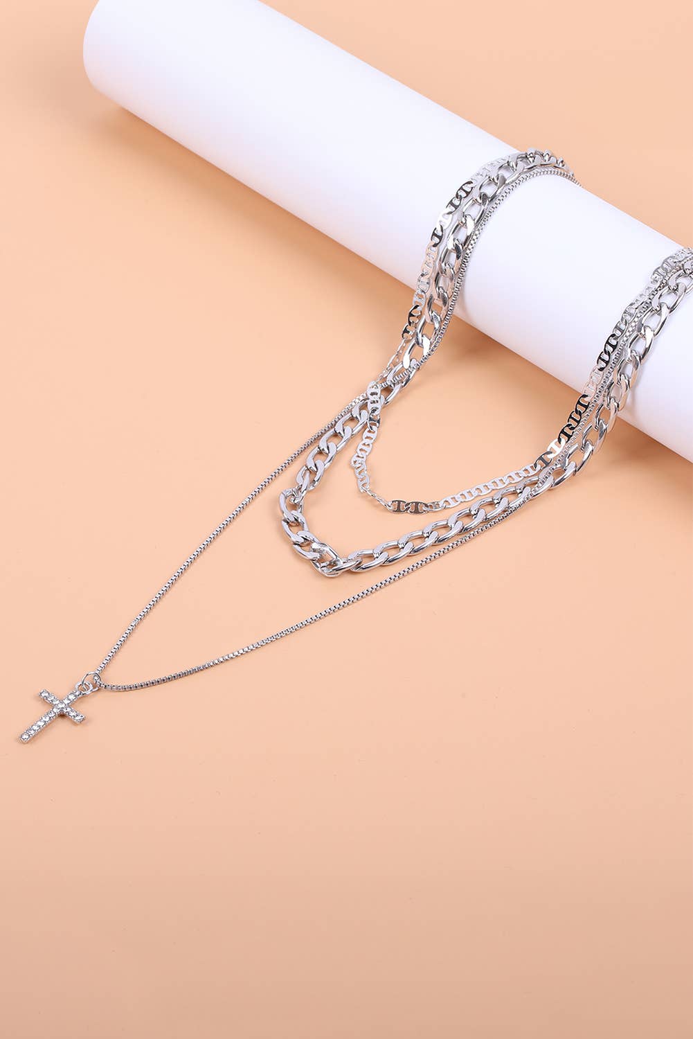 1 the Woman - Plated Cross Pendant Multi Layer Stacked Chains Necklace