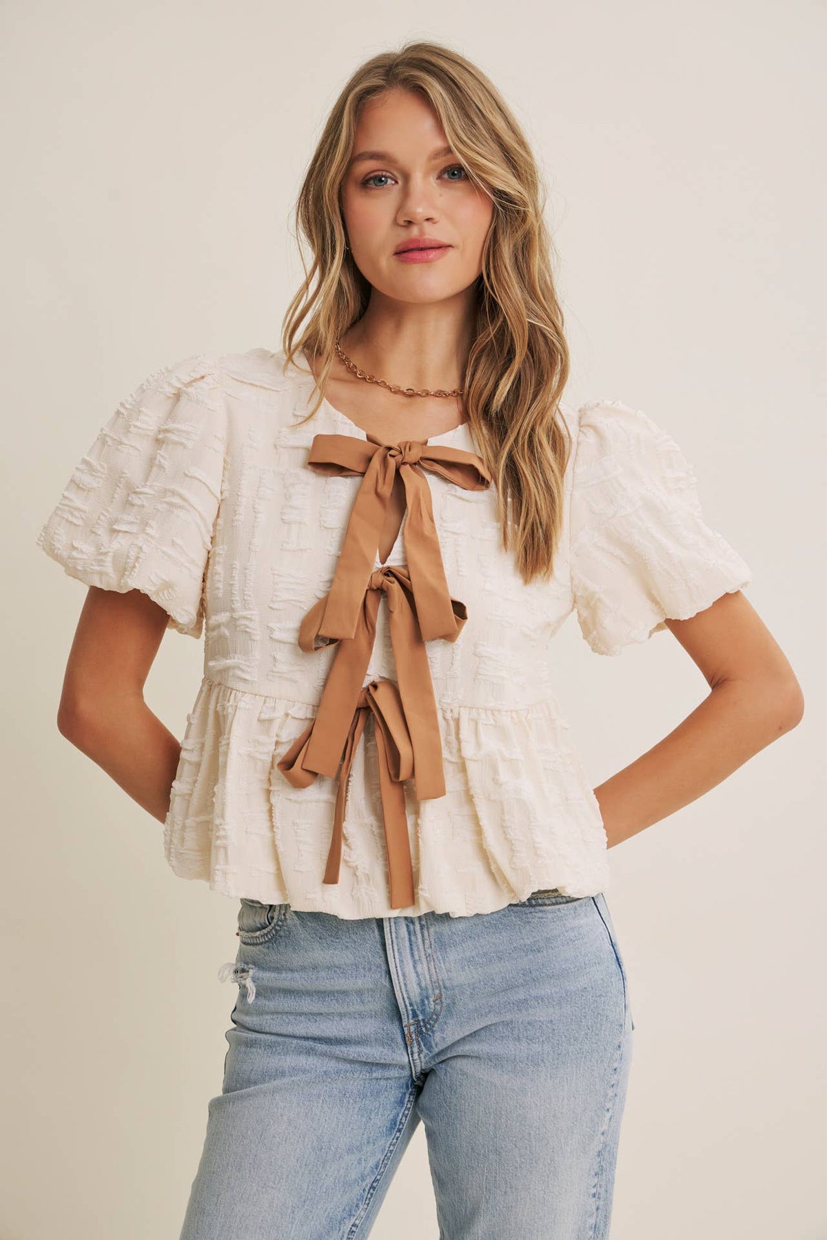 in february - BESTSELLER ROMANTIC TEXTURED CONTRAST BOW PEPLUM BLOUSE