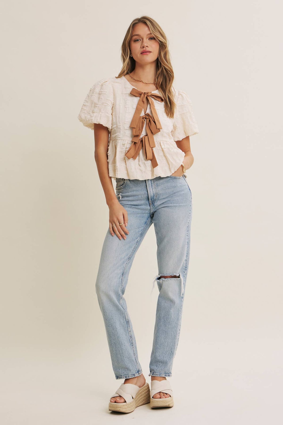 in february - BESTSELLER ROMANTIC TEXTURED CONTRAST BOW PEPLUM BLOUSE