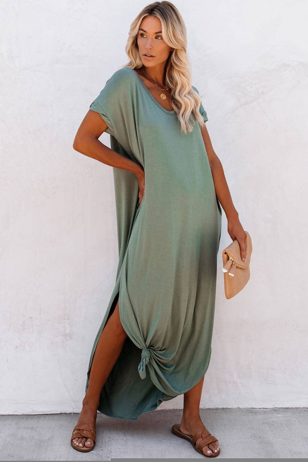 Lovesoft - V Neck Hidden Pocket Splits Maxi T-shirt Dress