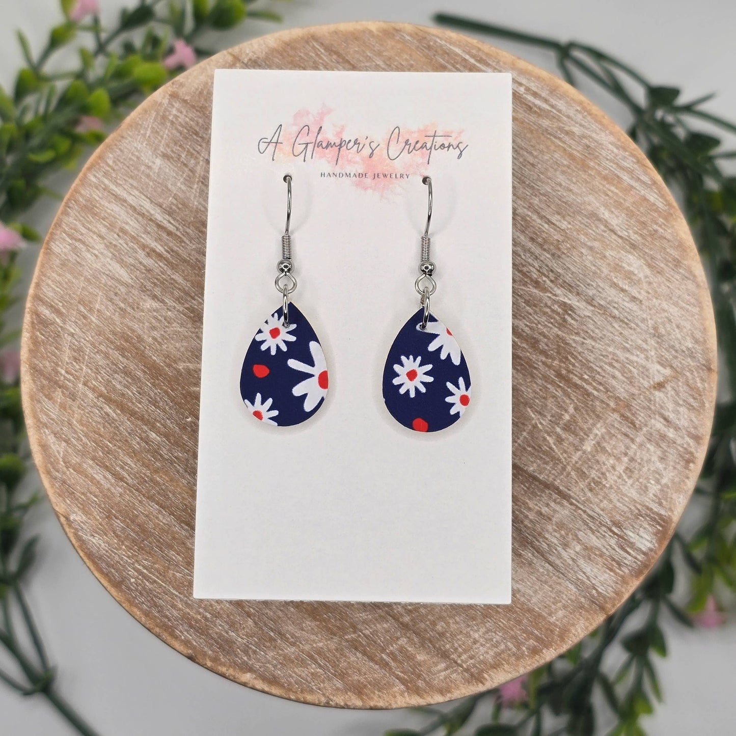 A Glamper's Creations LLC - White Daisies on Navy MINI Teardrop Leather Earrings