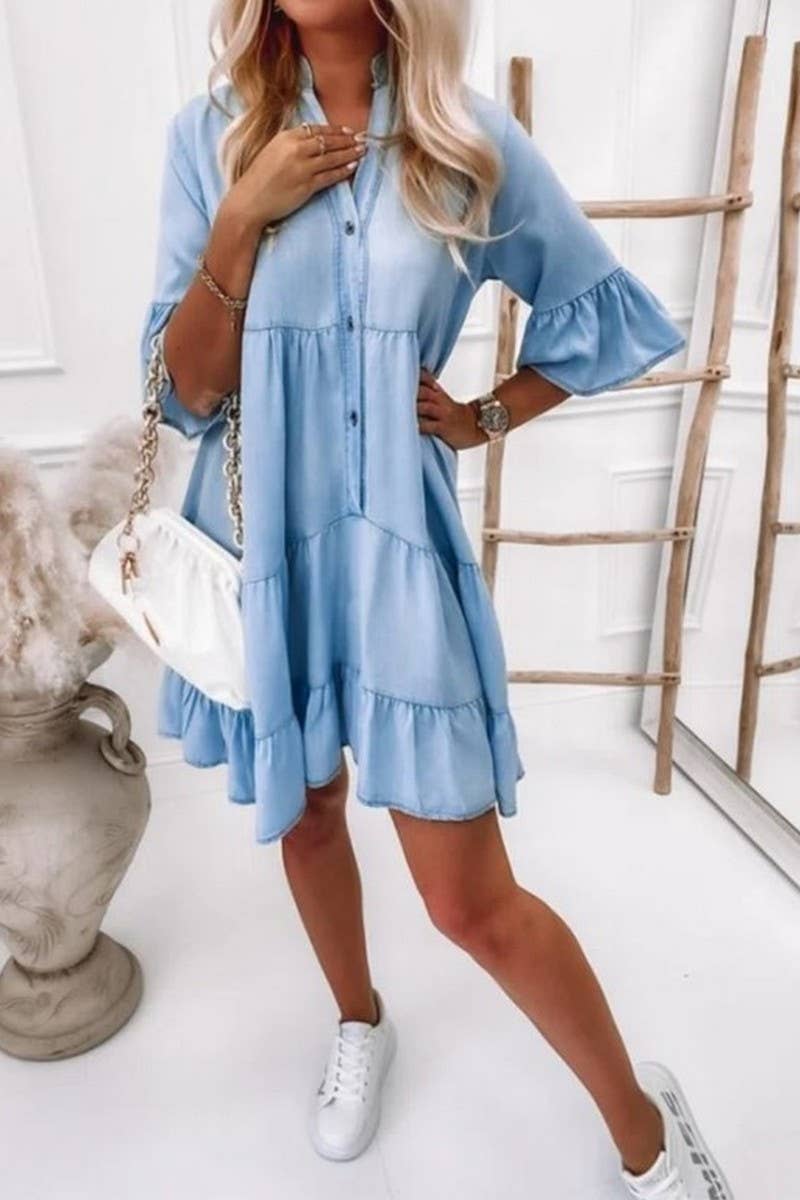NINEXIS - CWDSD6508_V-NECK HALF SLEEVE WASHED DENIM DRESS