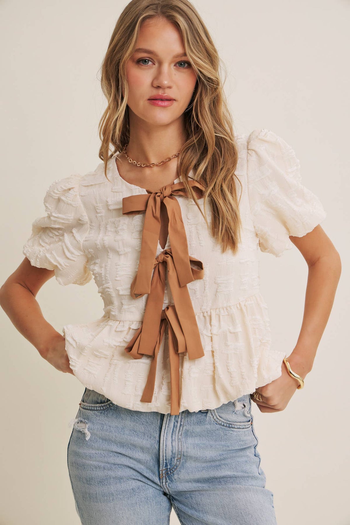 in february - BESTSELLER ROMANTIC TEXTURED CONTRAST BOW PEPLUM BLOUSE