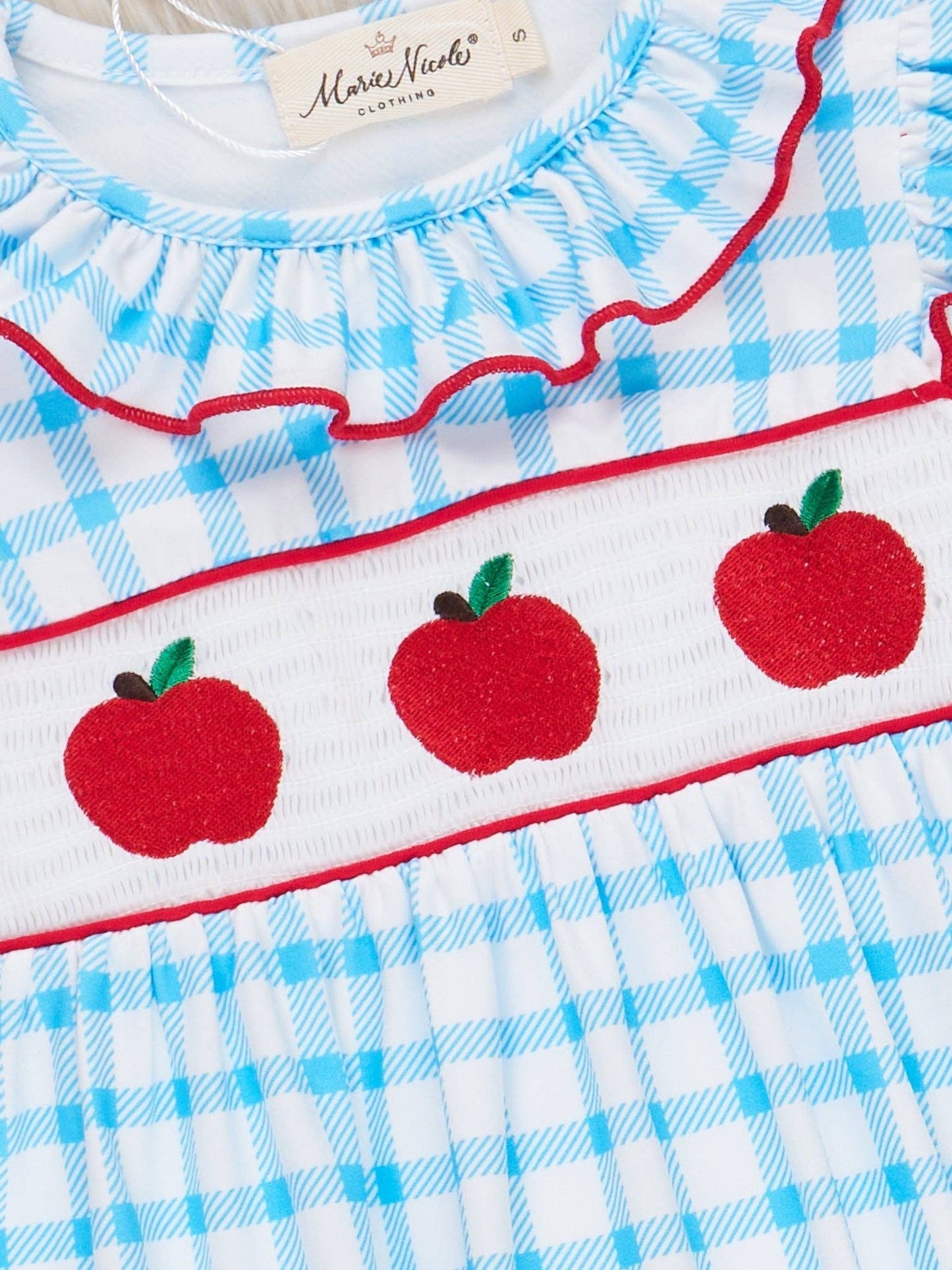 Marie Nicole Clothing - Blue Plaid Smocked Apple Ruffle Dress