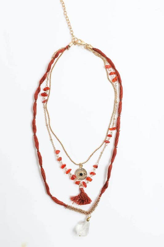 Three Bird Nest - Carnelian Multi Layered Necklace - Rust