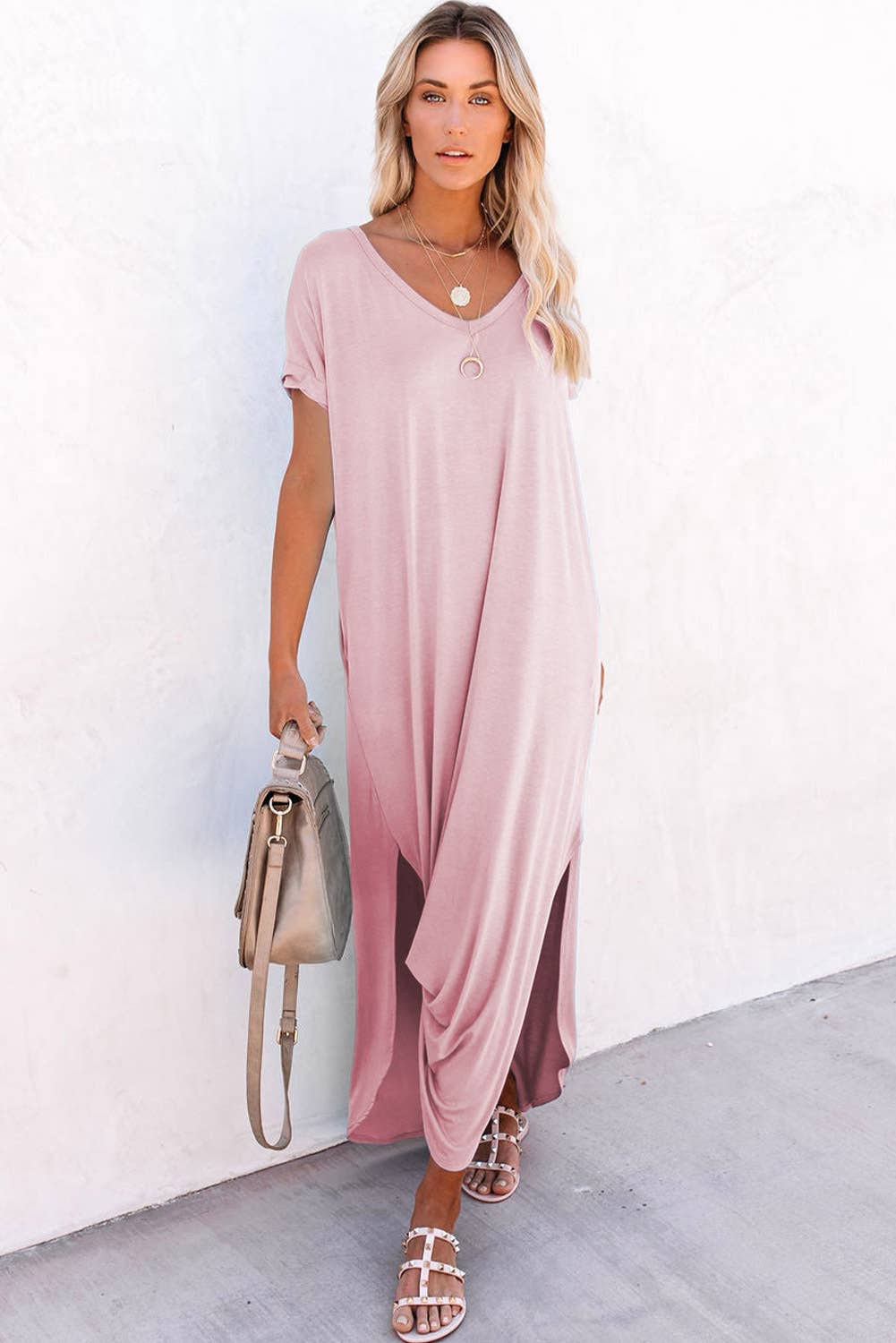Lovesoft - V Neck Hidden Pocket Splits Maxi T-shirt Dress