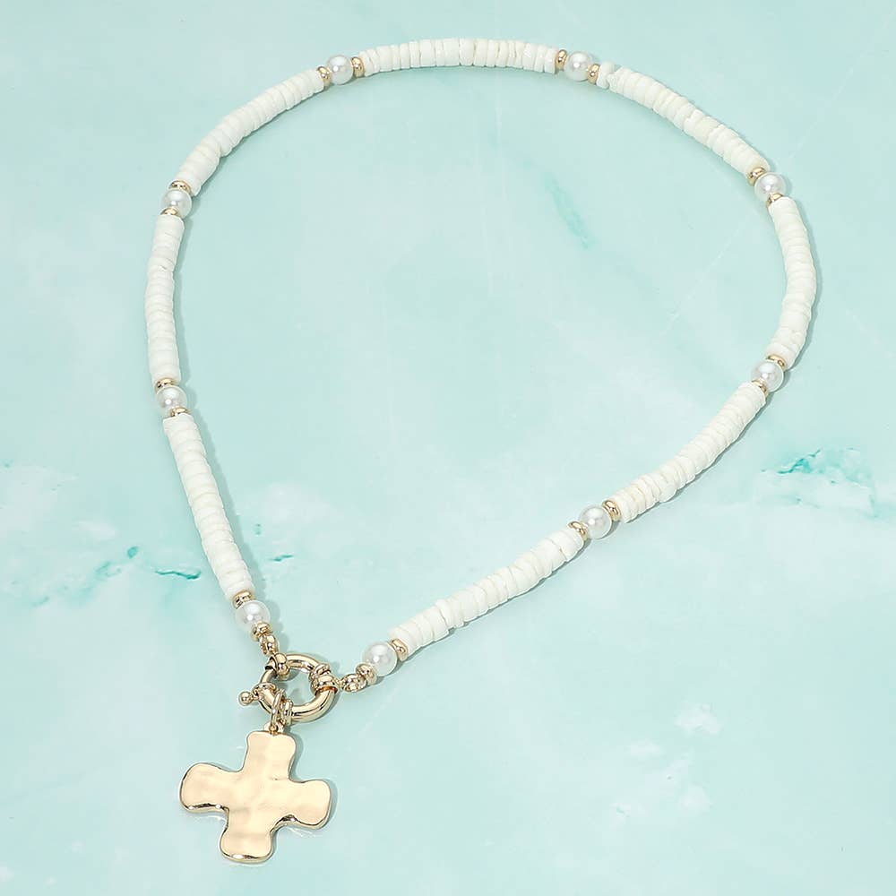 Sensibling Corp. - Hammered Metal Cross Charm Pendant Accent Pearl Flat Beaded Necklace