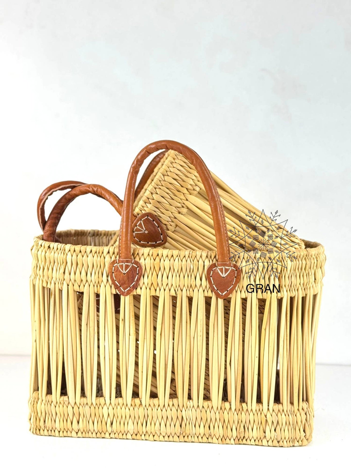 Gran Wholesale - Handwoven Open Reed Basket with Leather Handles