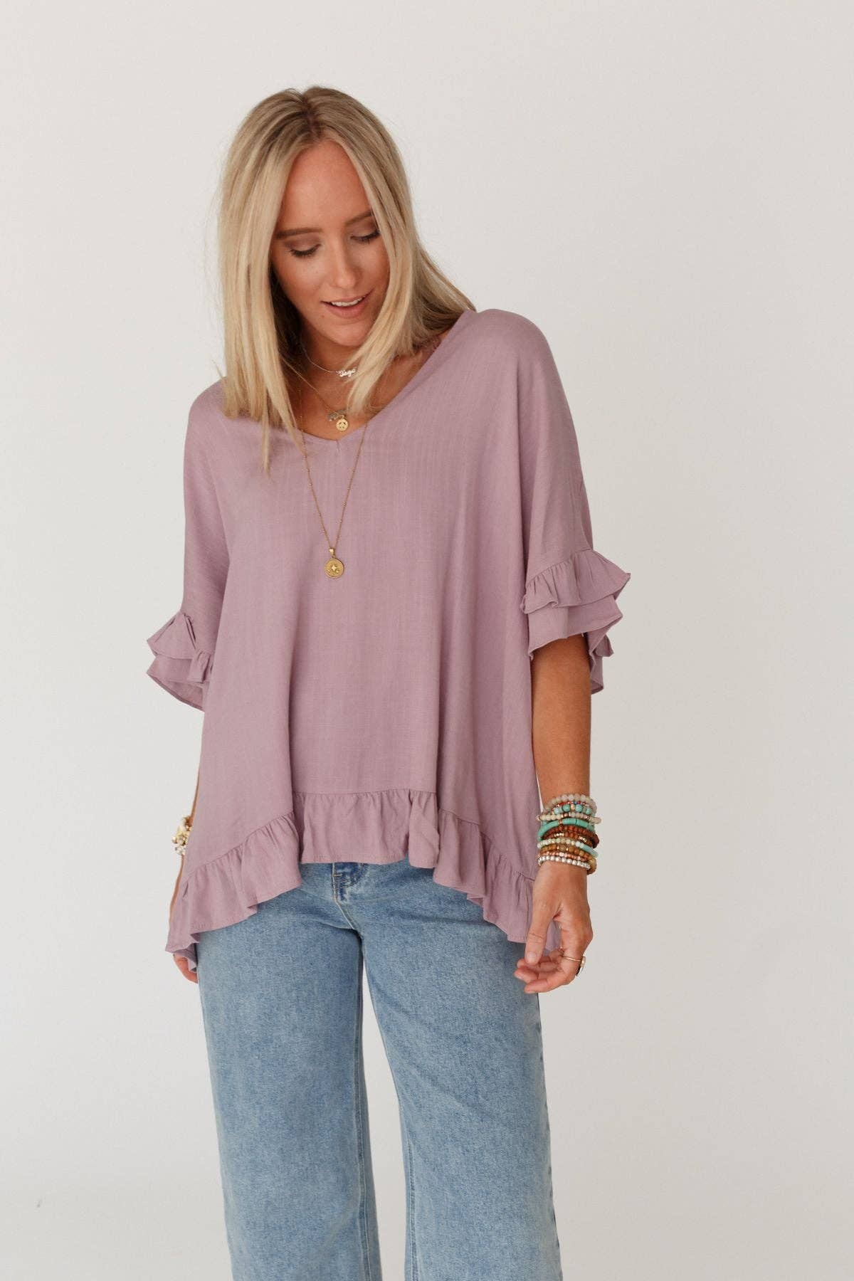 Three Bird Nest - Let Me Be Ruffled Top - Pale Plum