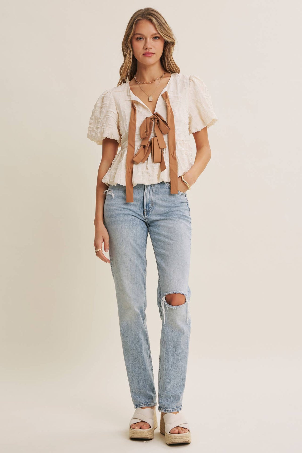 in february - BESTSELLER ROMANTIC TEXTURED CONTRAST BOW PEPLUM BLOUSE