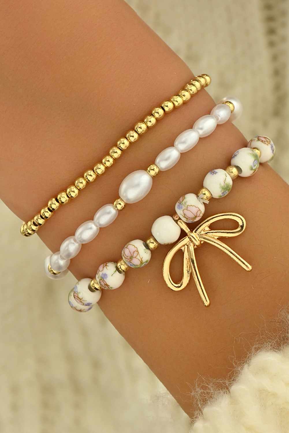 Aapparella - Bow Knot Beaded Triple Layer Bracelet Set