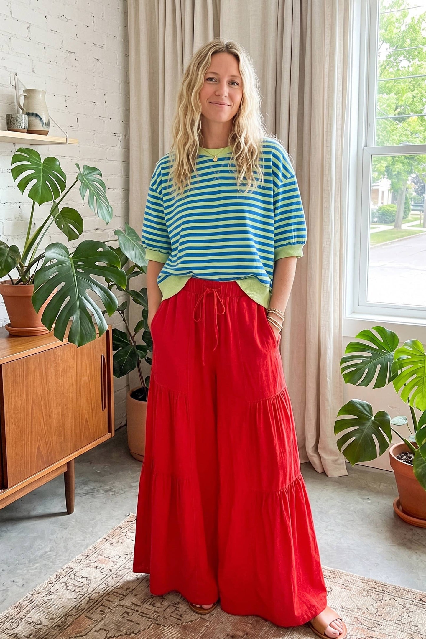 Sewn and Seen - Linen Blend Tiered Wide Leg Palazzo Pants