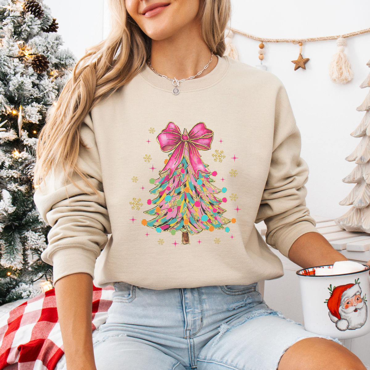 Trendznmore - Modern Graphic Apparel - Bright Colorful Coquette Christmas Tree Crewneck Sweatshirt