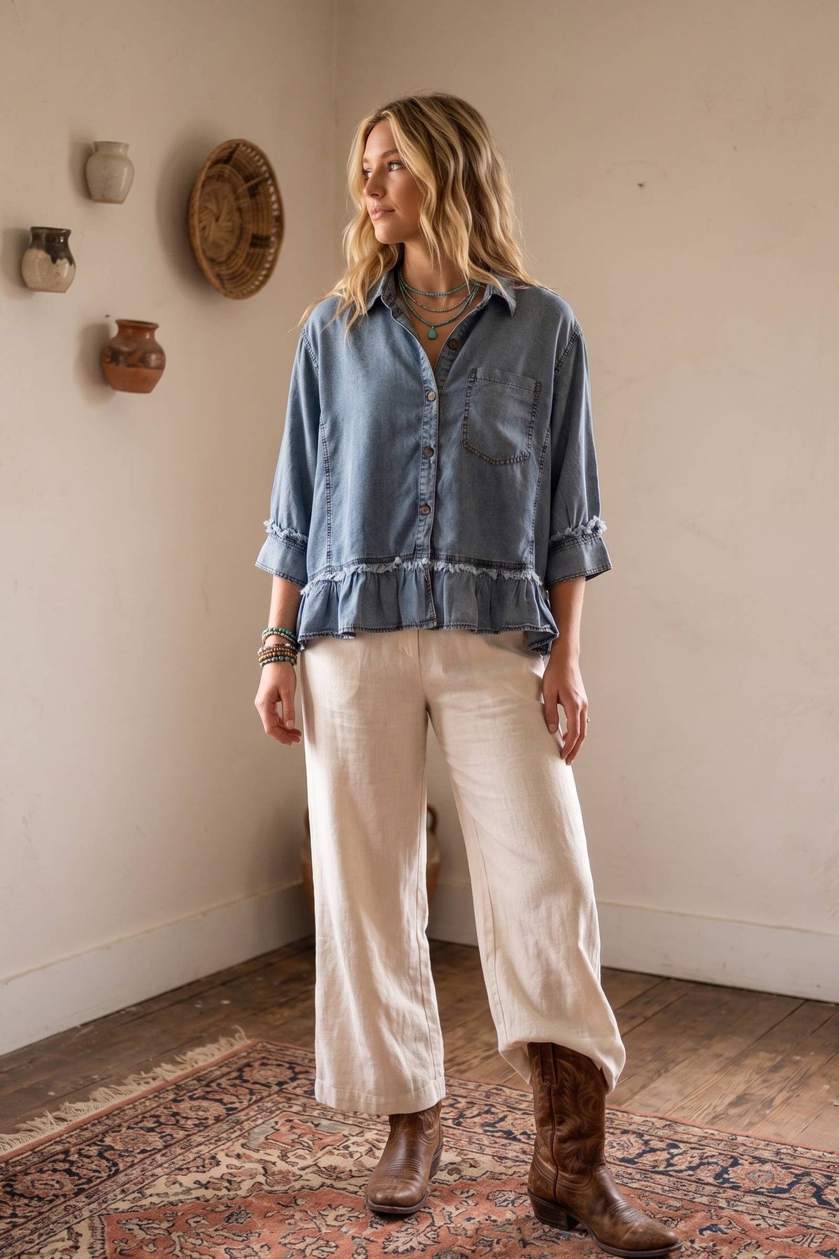 Sewn and Seen - Mineral Washed Tencel Ruffle Hem Shirt