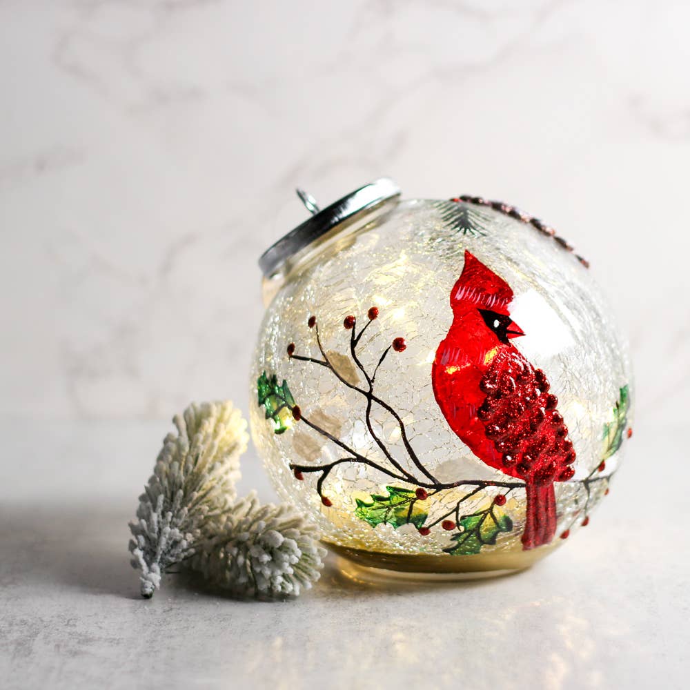 A Cheerful Giver - Winter Cardinal Ornament Crackle Glass LED Holiday Lights