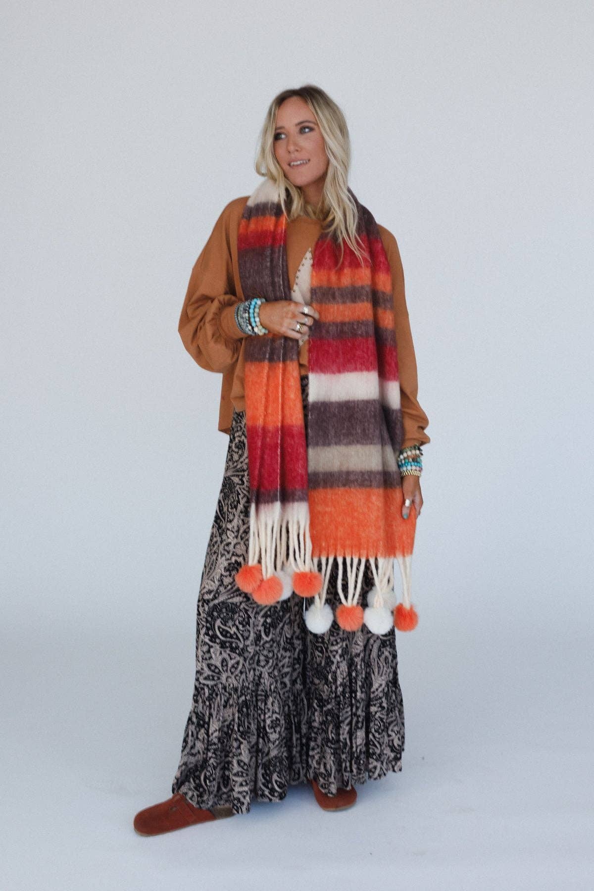 Three Bird Nest - Chill Stripe Pom Scarf - Orange