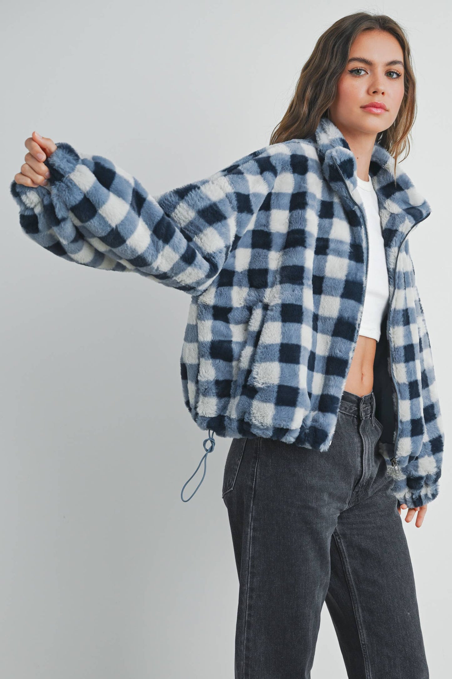 BUTTERMELON - Fall Drop Shoulder Plaid Fall Jacket - BMJ7504
