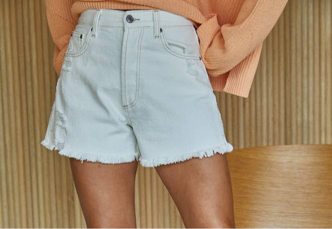 By Together - BD302 | Woven 100% Cotton Denim Distressed Detail Shorts
