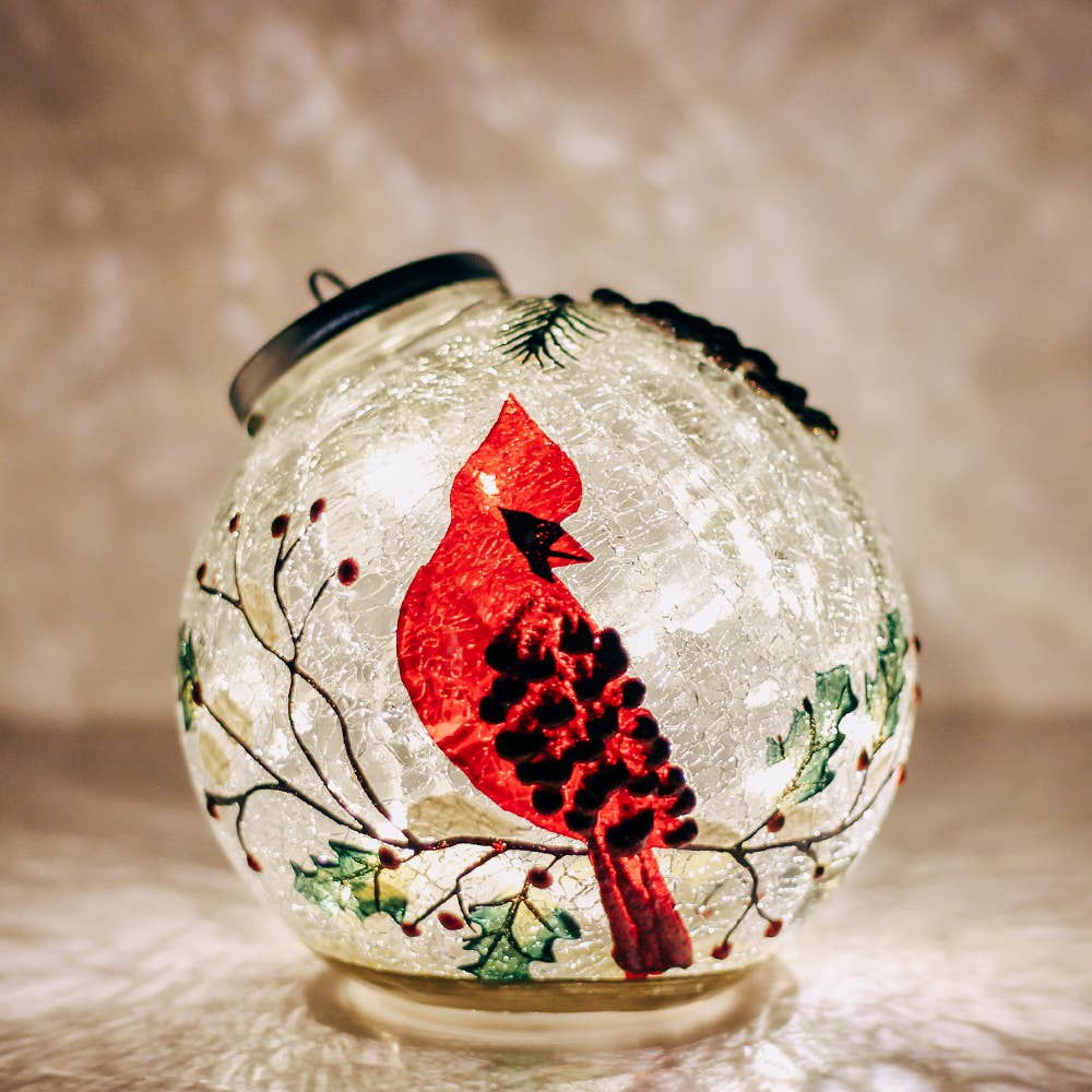A Cheerful Giver - Winter Cardinal Ornament Crackle Glass LED Holiday Lights
