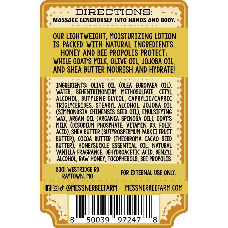Messner Bee Farm - Honeysuckle Vanilla - Milk and Honey Lotion - 2oz Travel