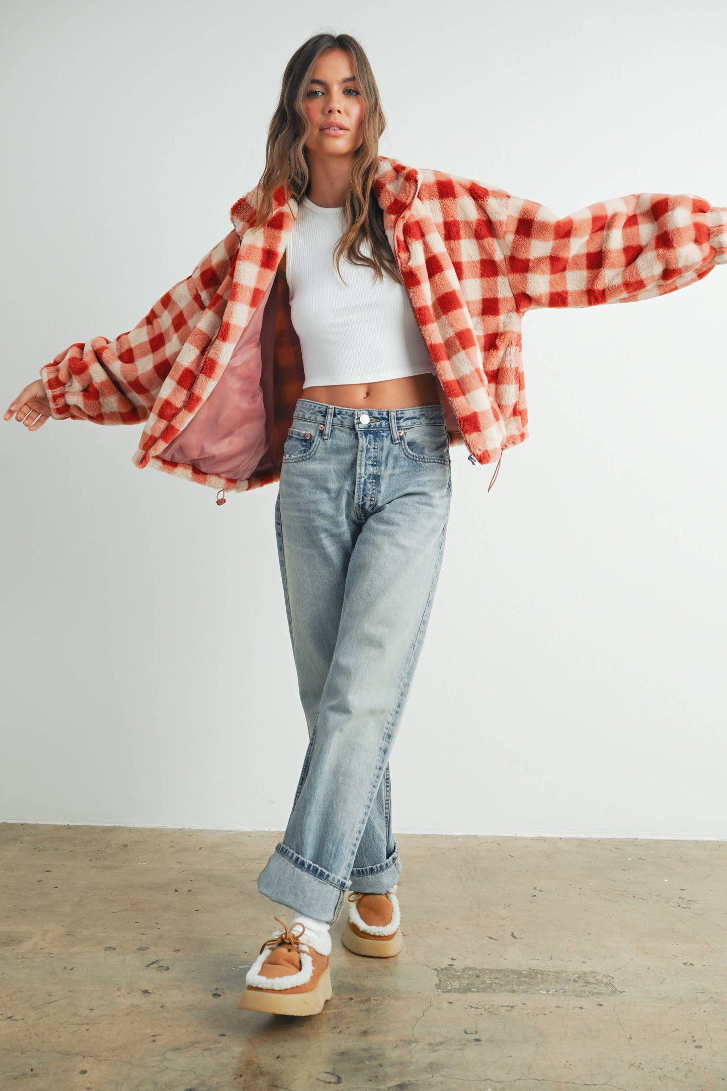 BUTTERMELON - Fall Drop Shoulder Plaid Fall Jacket - BMJ7504