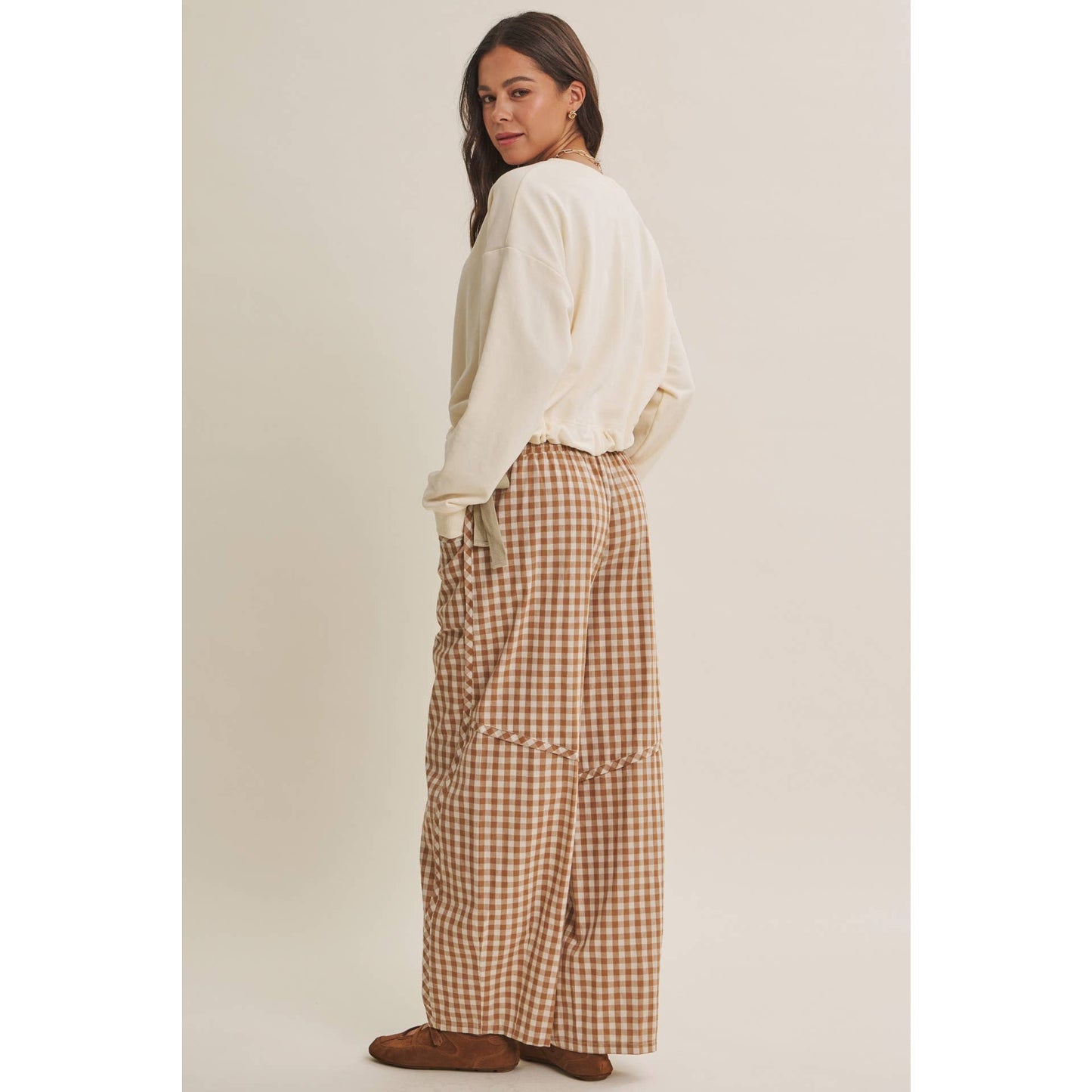 in february - EASY DAY RELAXED GINGHAM COTTON BARREL LEG PANTS