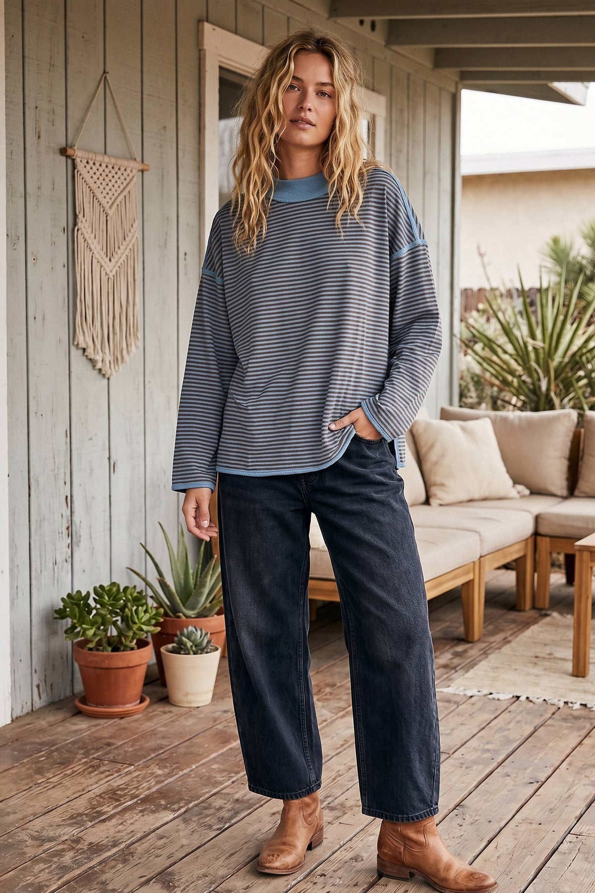 Sewn and Seen - Oversized Contrast Trim Striped Top