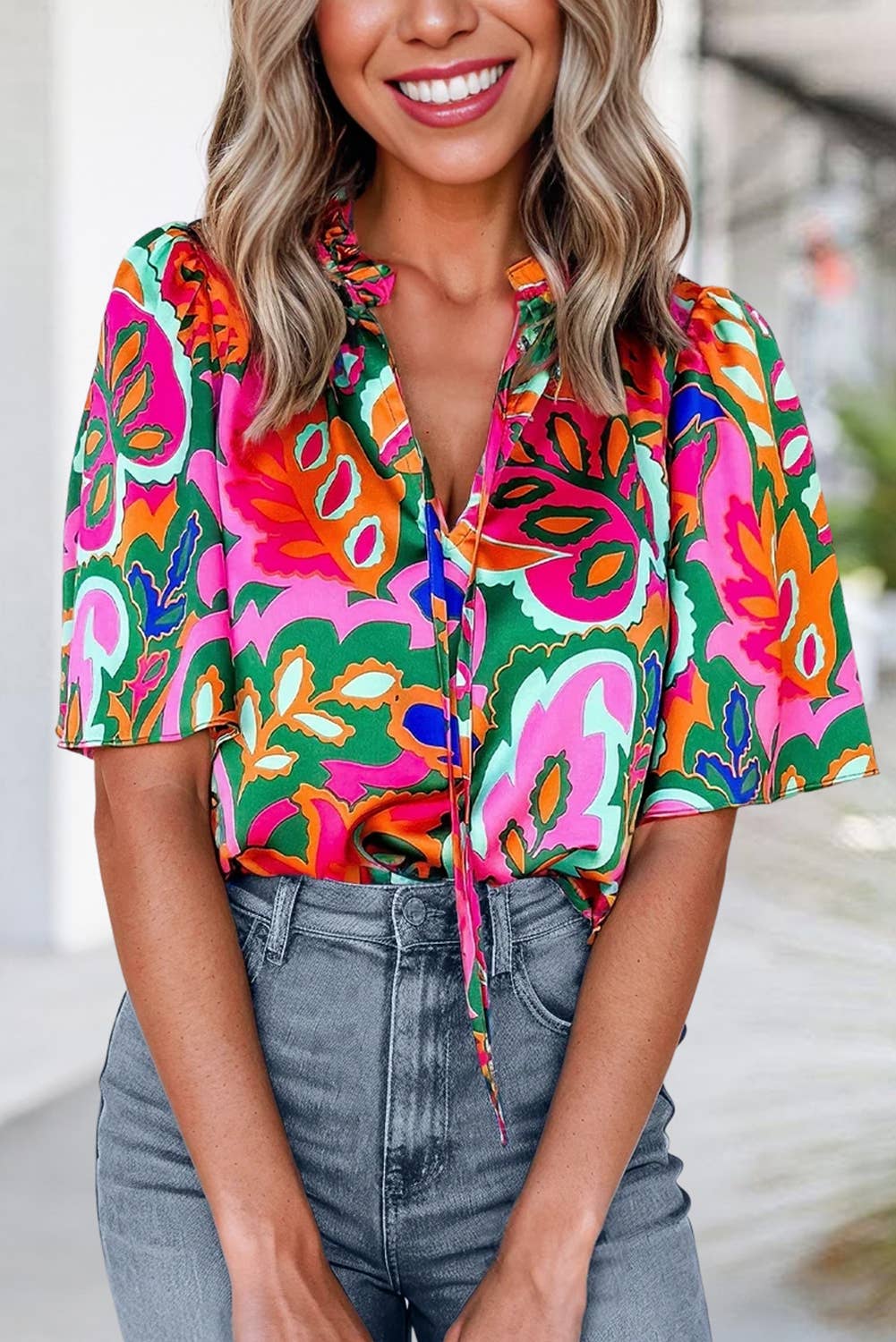 Aapparella - Tropical Print Tie Neck Puff Sleeve Blouse | S-XL