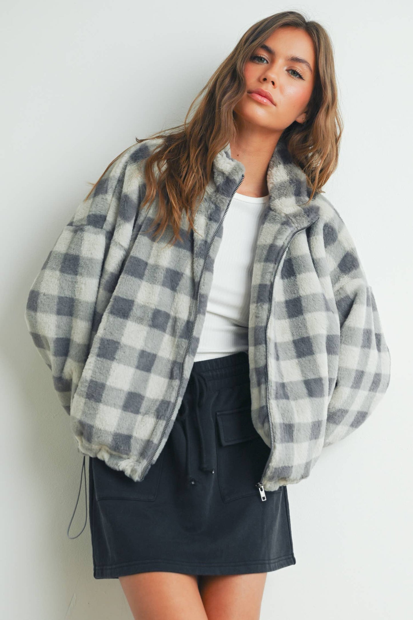 BUTTERMELON - Fall Drop Shoulder Plaid Fall Jacket - BMJ7504