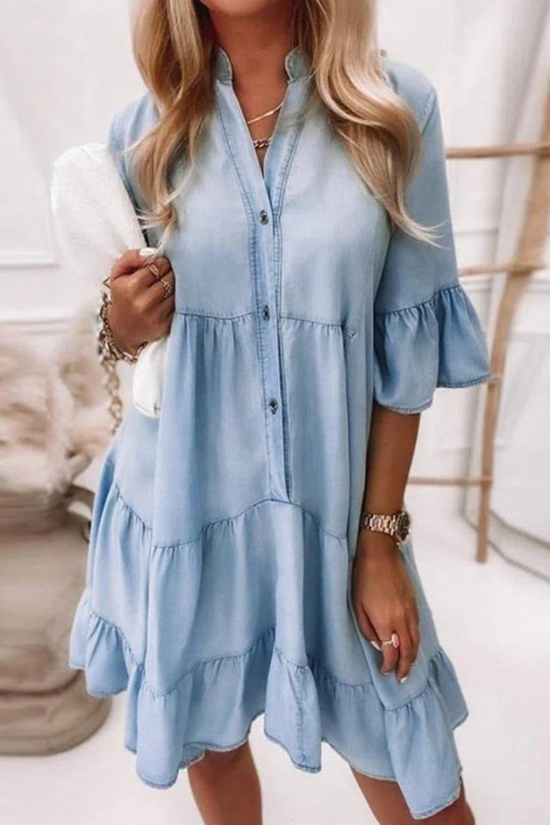 NINEXIS - CWDSD6508_V-NECK HALF SLEEVE WASHED DENIM DRESS