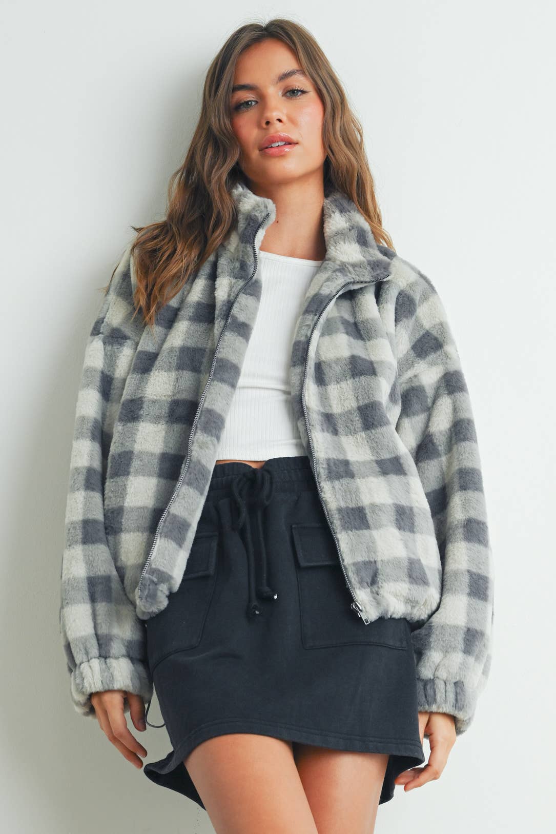 BUTTERMELON - Fall Drop Shoulder Plaid Fall Jacket - BMJ7504