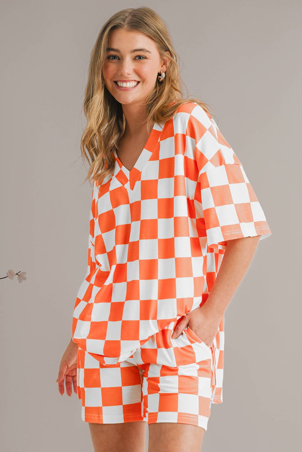 Aapparella - Checkered Print V Neck Top & Shorts Lounge Set | S-XL
