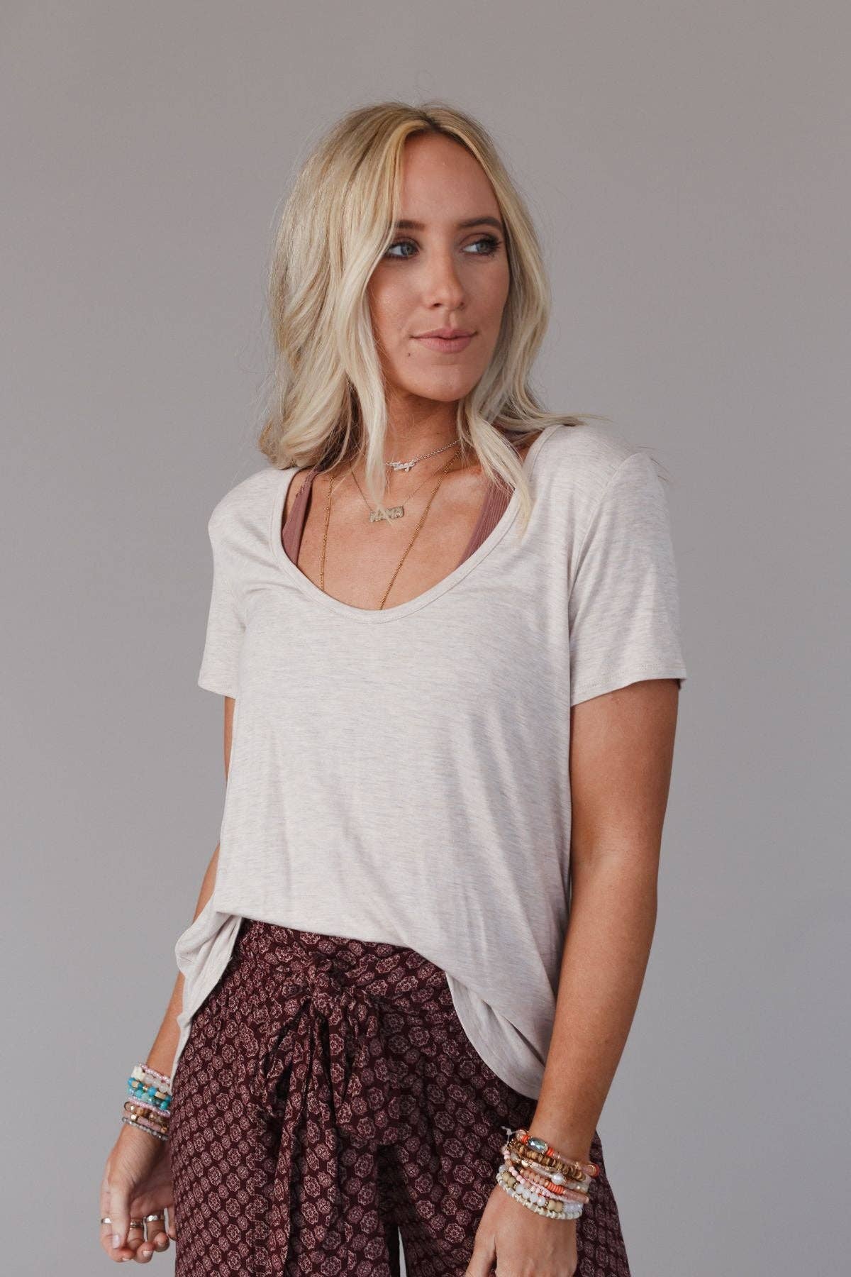 Three Bird Nest - Scoop Neck Bralette Tee - Heather Oatmeal