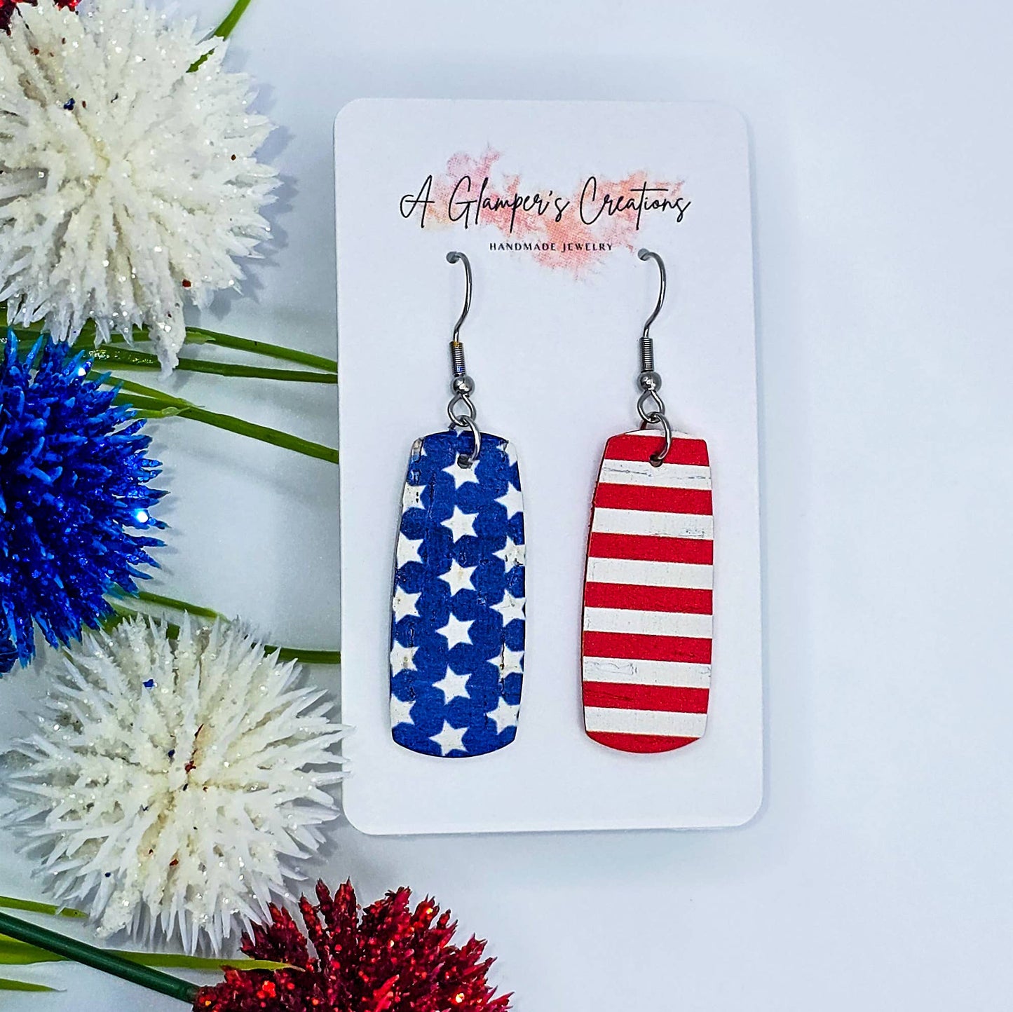A Glamper's Creations LLC - 4th of July Stars & Stripes Mini Bar Leather Earrings