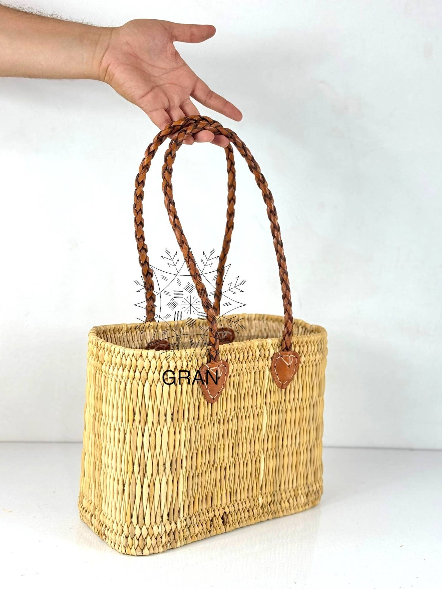 Gran Wholesale - Handwoven Reed Basket with Braided Leather Handles