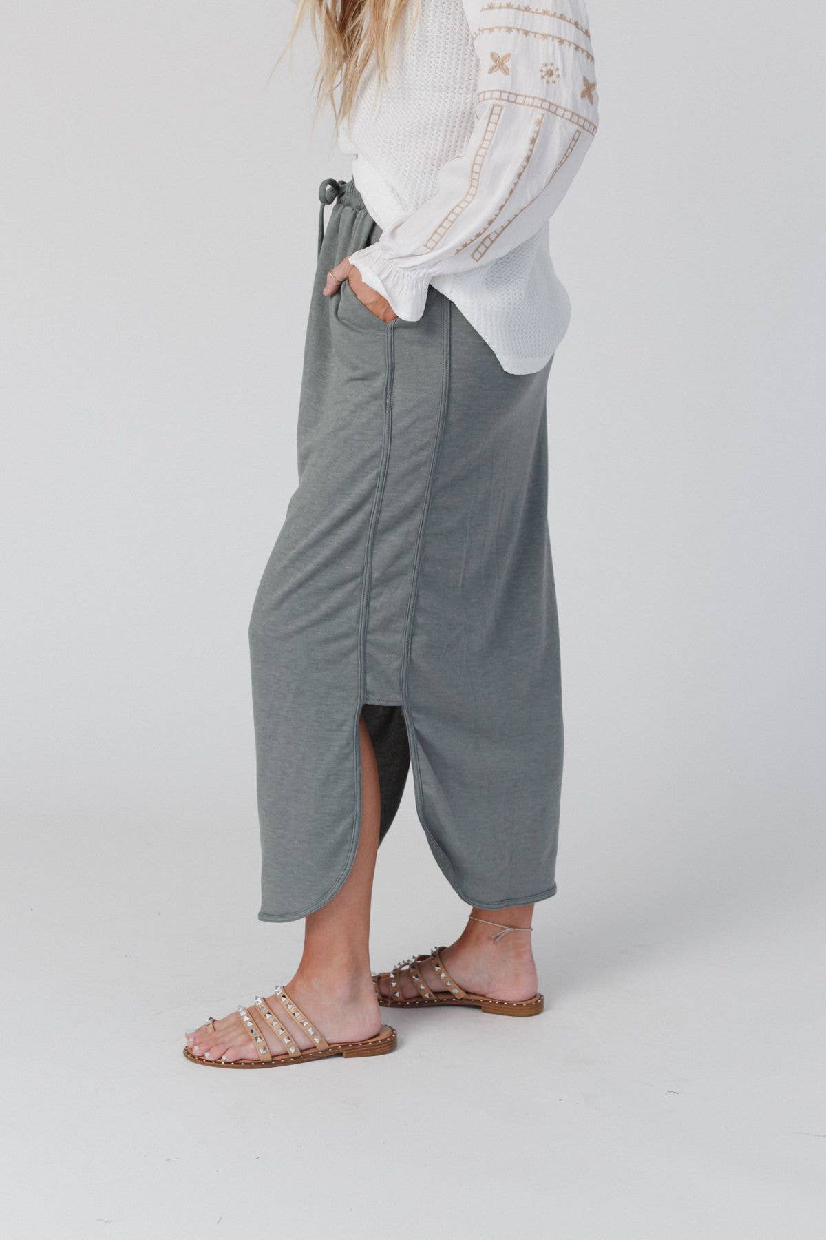 Three Bird Nest - So Comfy Drawstring Maxi Skirt - Light Olive
